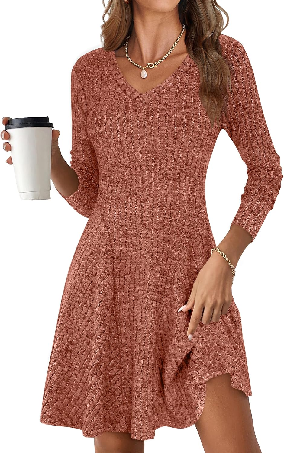 Detalle de ANRABESS Knit Short Dress for Women, V-Neck, Long Sleeve, A-Line