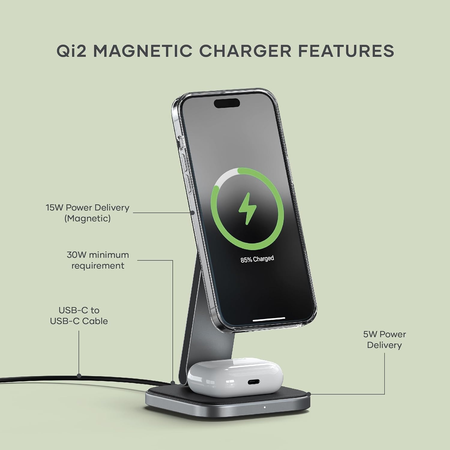 Detalle de SATECHI OntheGo™ Chargeur Induction 2 en 1 pliable (station sans fil magnétique) jusqu’à 15 W compatible Qi2