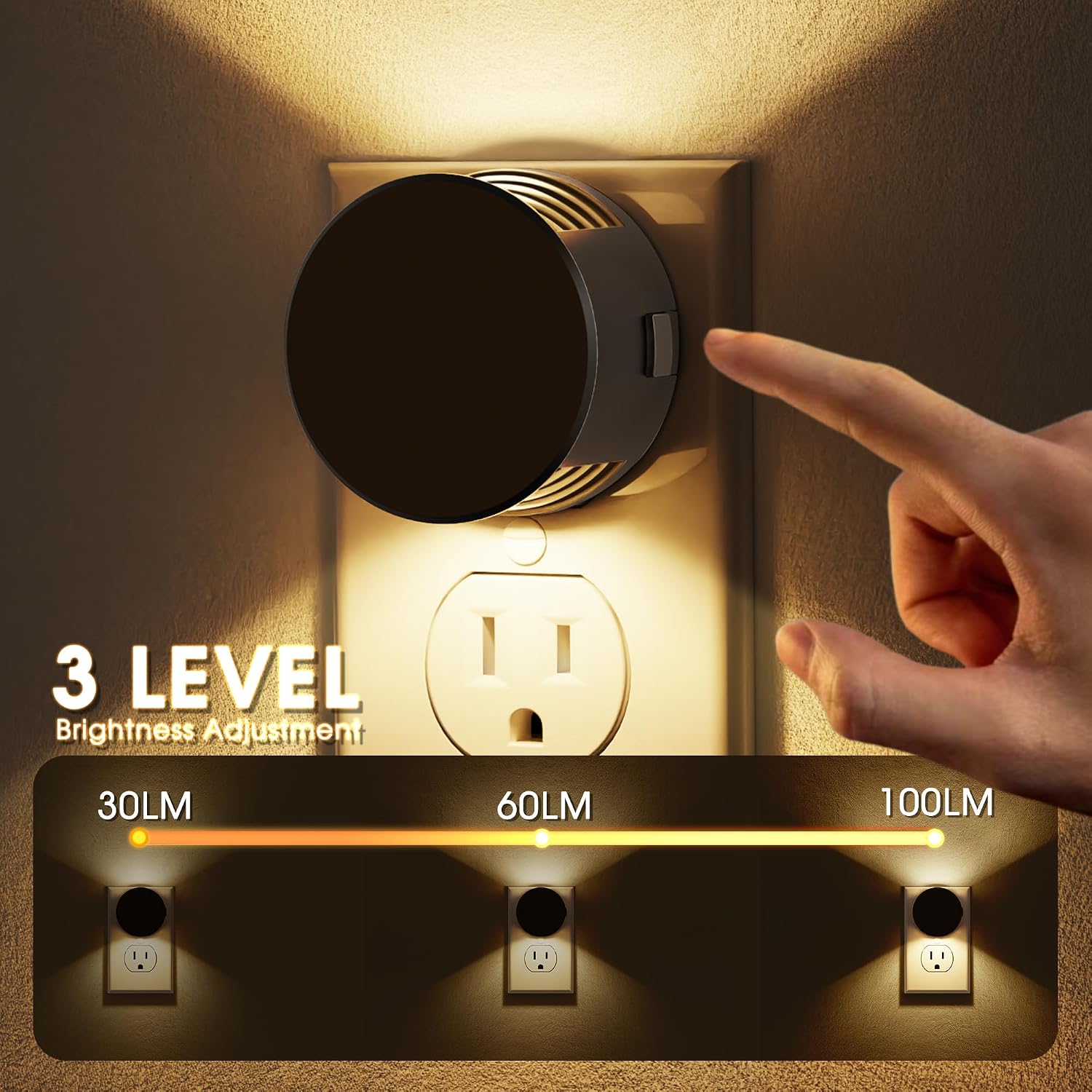 Detalle de Briignite GD112 Plug-In Night Lights, 2-Pack, 3000K Dusk-to-Dawn, 3-Level Dimming