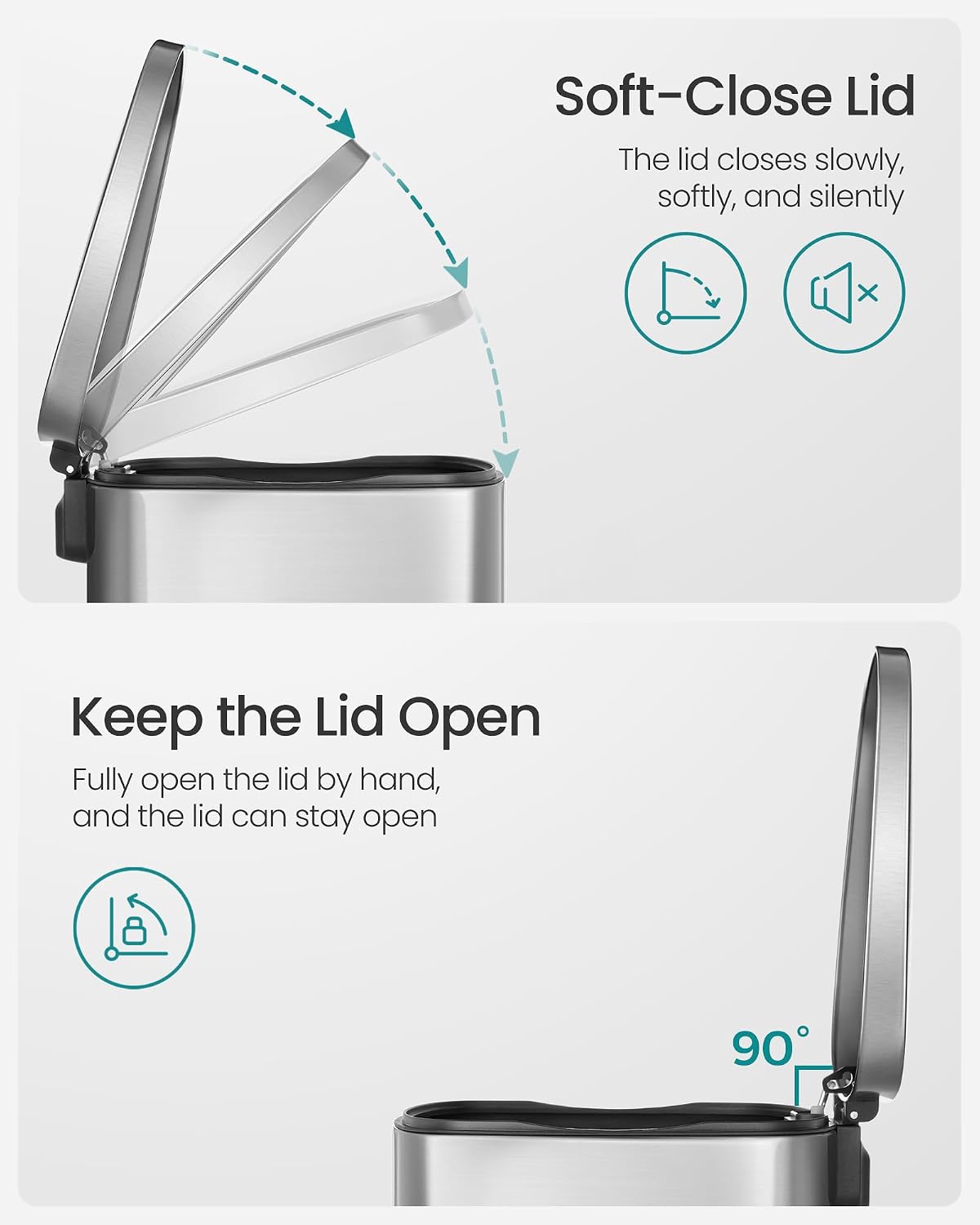 Thumbnail 3 de SONGMICS 13 Gallon Stainless Steel Trash Can (ULTB050E01) with Soft Close & Step-On Pedal