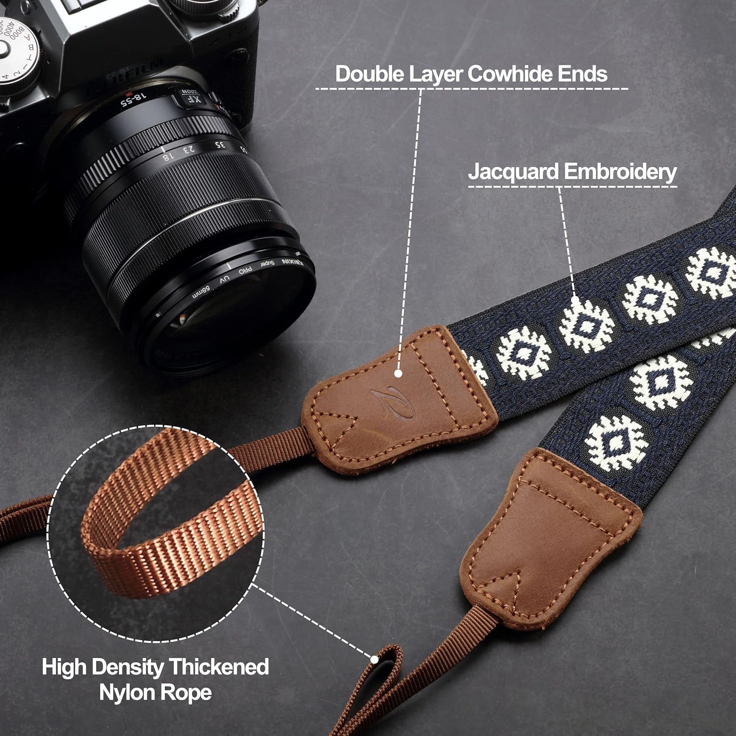 Thumbnail 2 de Cowhide 1.5" Vintage Blue Camera Strap 📷