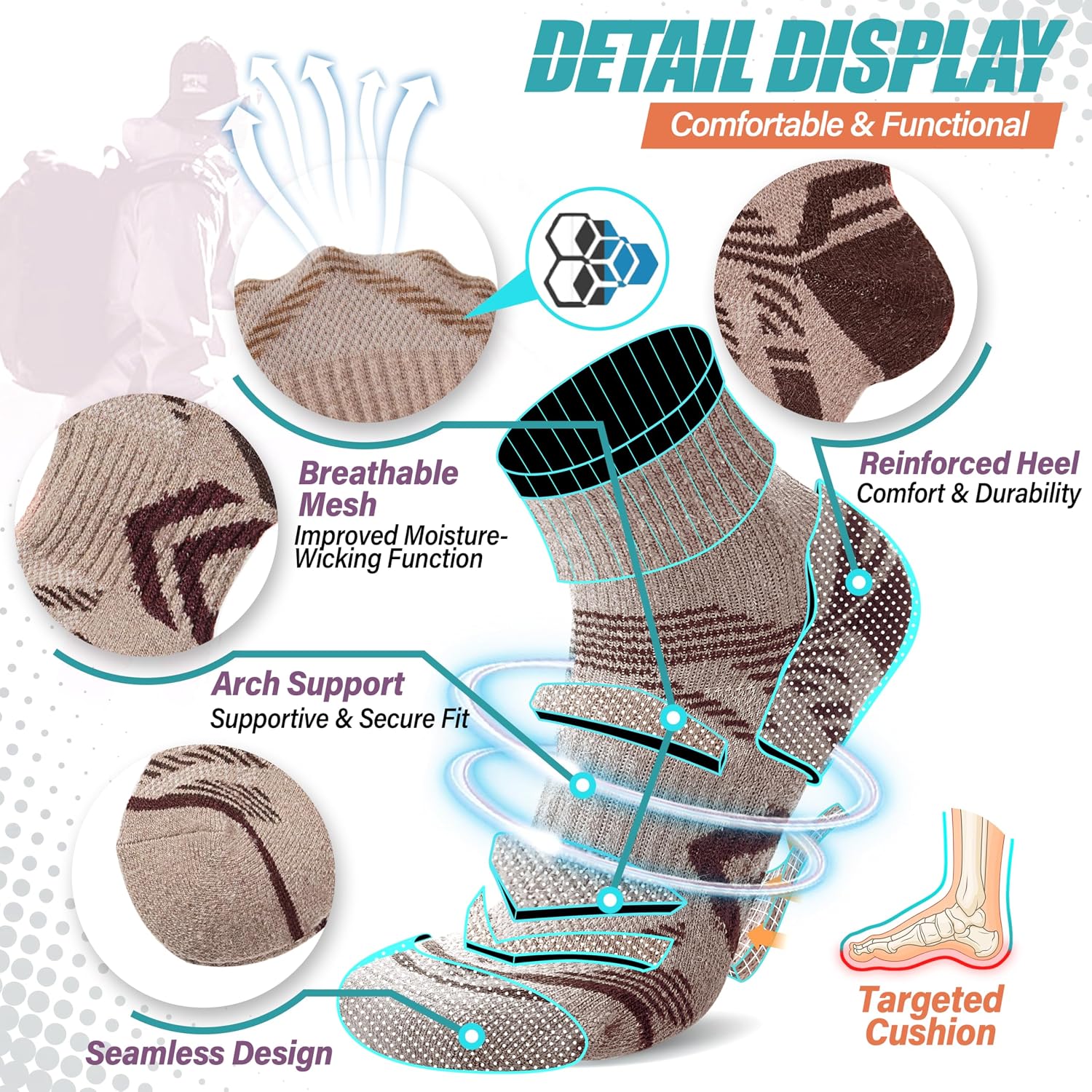 Detalle 2 de ANTSANG 6 Pairs Merino Wool Quarter Ankle Hiking Socks with Compression and Cushioning