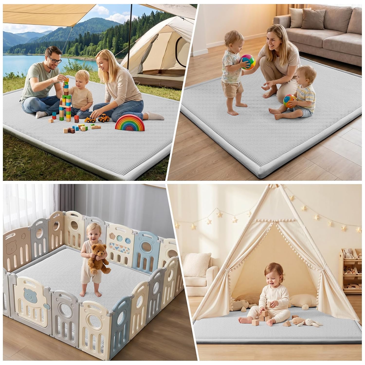 Thumbnail 6 de ILPEOD Baby Play Mat, 59 x 79-Inch Plaid Light Gray Rug with 1.3-Inch Foam