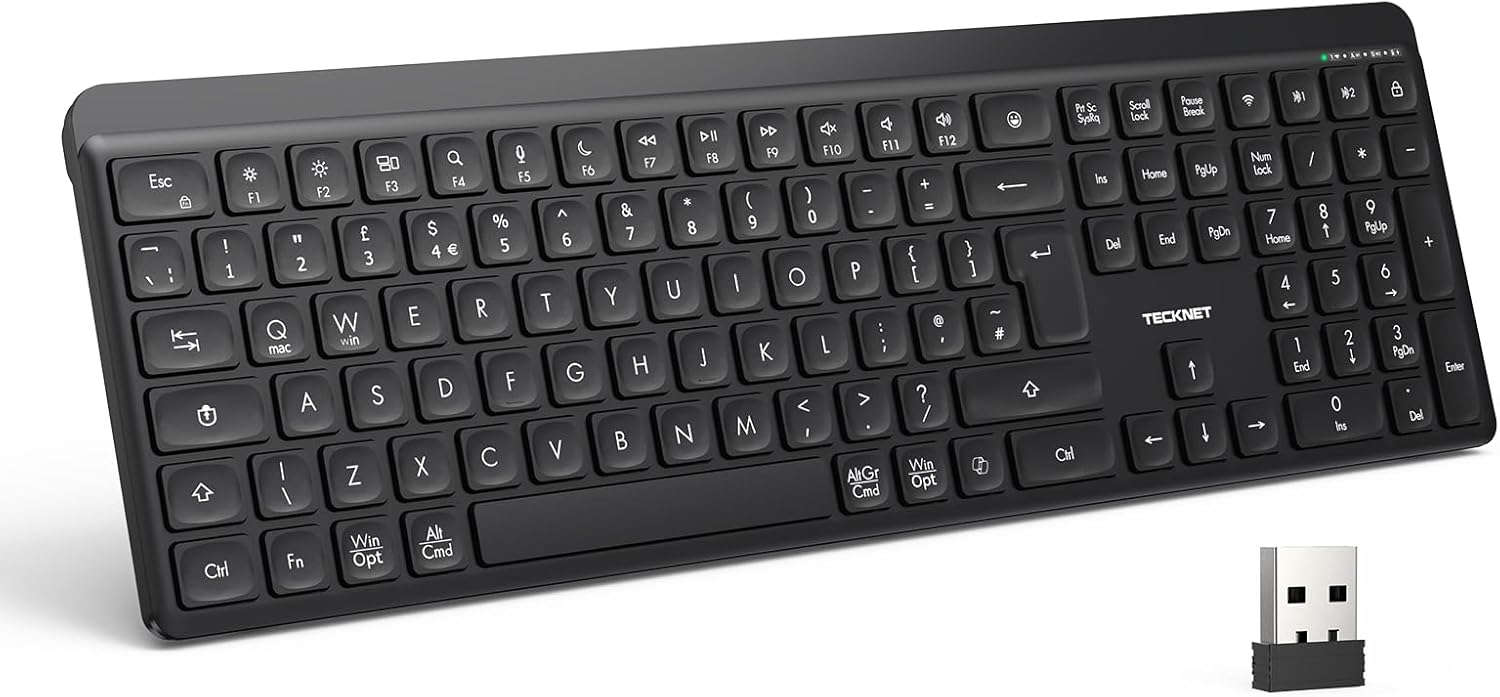 Detalle de TECKNET Silent Wireless Keyboard: UK layout, multi‑device connect (2.4GHz + Bluetooth) with ergonomic design