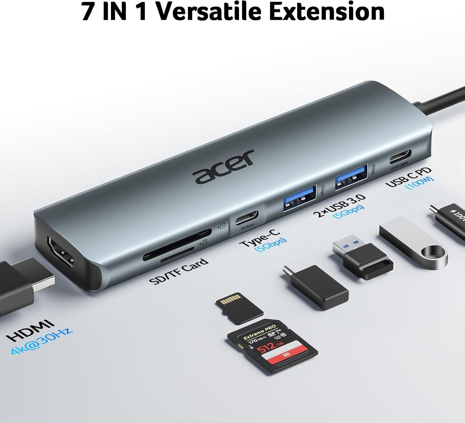 Detalle de Acer ODK360 USB-C Hub, 7-in-1 Adapter with 4K HDMI and 100W PD