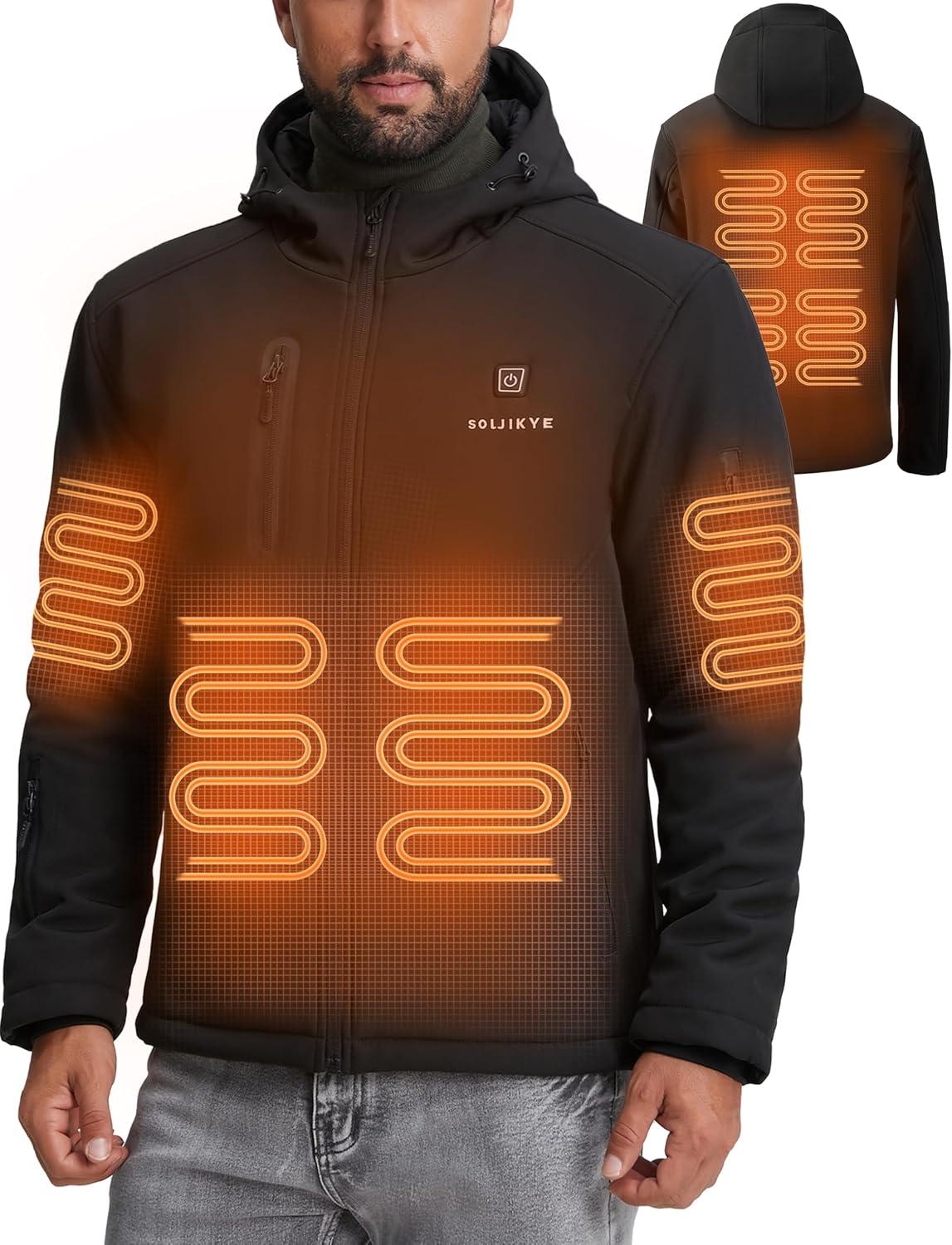 Detalle de SOLJIKYE Men's Heated Softshell Jacket, 8 Heating Zones, 3 Settings, 20,000mAh Battery