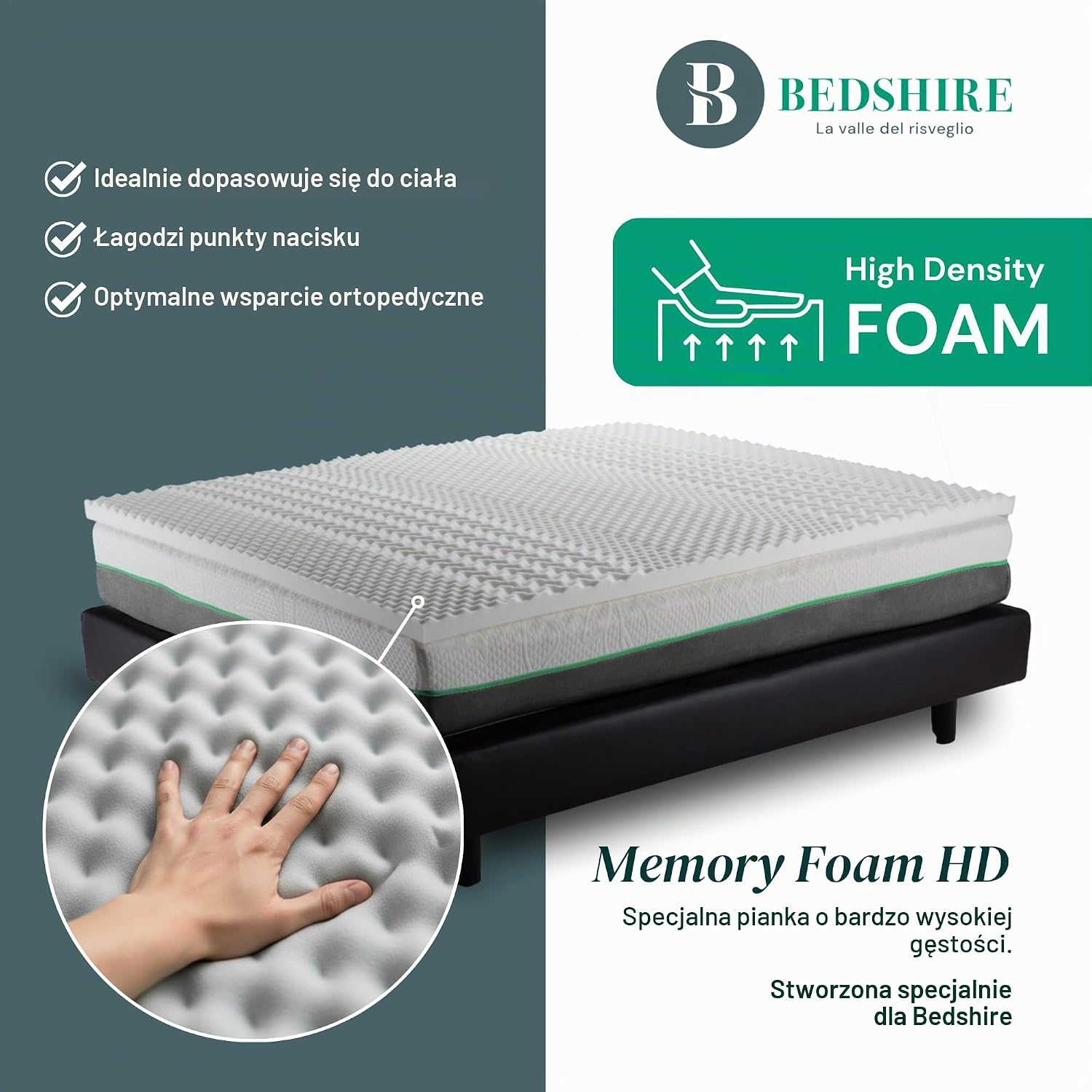 Detalle 2 de Bedshire Topper 180x200 – nakładka z pianki memory HD, 6 cm, bawełniany pokrowiec
