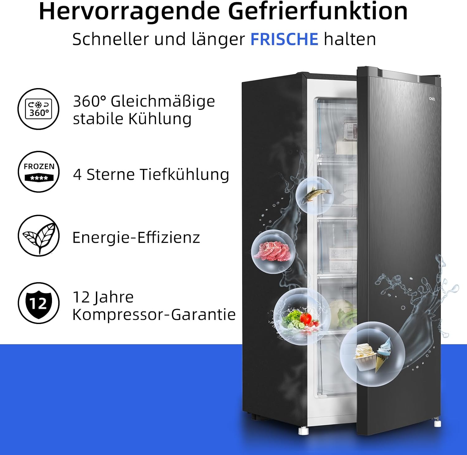Detalle de CHiQ Gefrierschrank Wechselbarer Türanschlag (145L) – 146 L Nutzinhalt, manuelle Abtauung