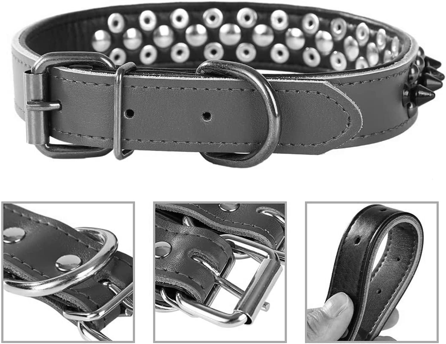 Thumbnail 2 de haoyueer Genuine Leather Spiked Studded Dog Collar (Adjustable, Nickel-Plated Hardware) – Large, Purple