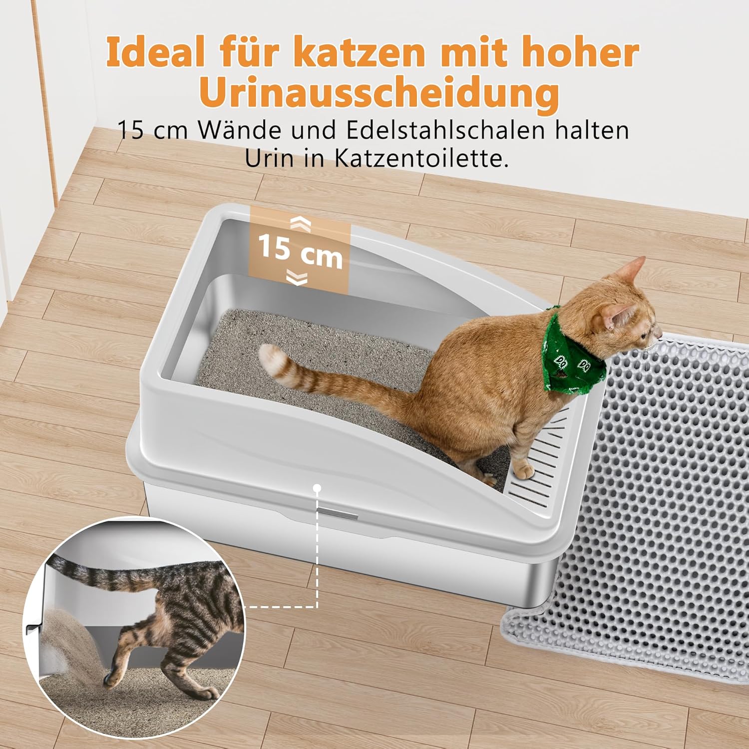 Detalle de FURTIME Bac à Litière XXL en acier inoxydable avec pelle et couvercle – 30 L, 58 × 37 × 28,5 cm