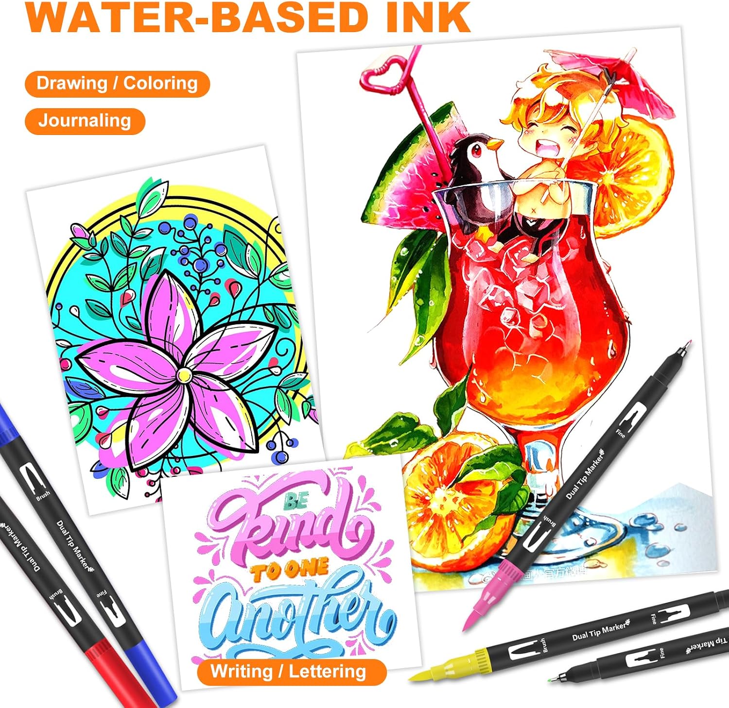 Detalle de Lyuvie 60 Colouring Pens: Dual Tip Brush Markers for Adults in a Handy Case