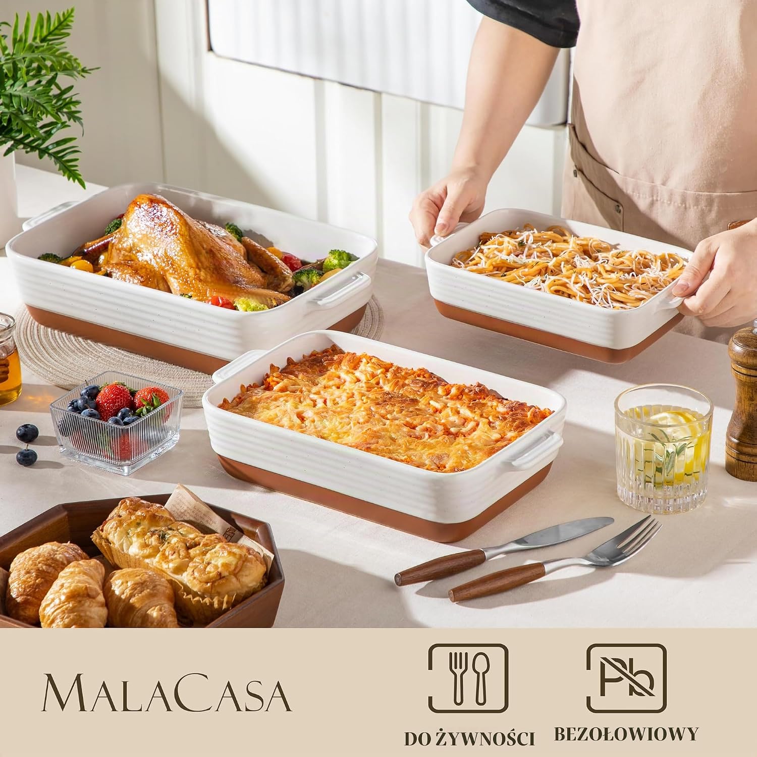 Thumbnail 2 de MALACASA TARA – ceramiczny zestaw 3 naczyń do zapiekania, 1,45–3,8 l, khaki i biel