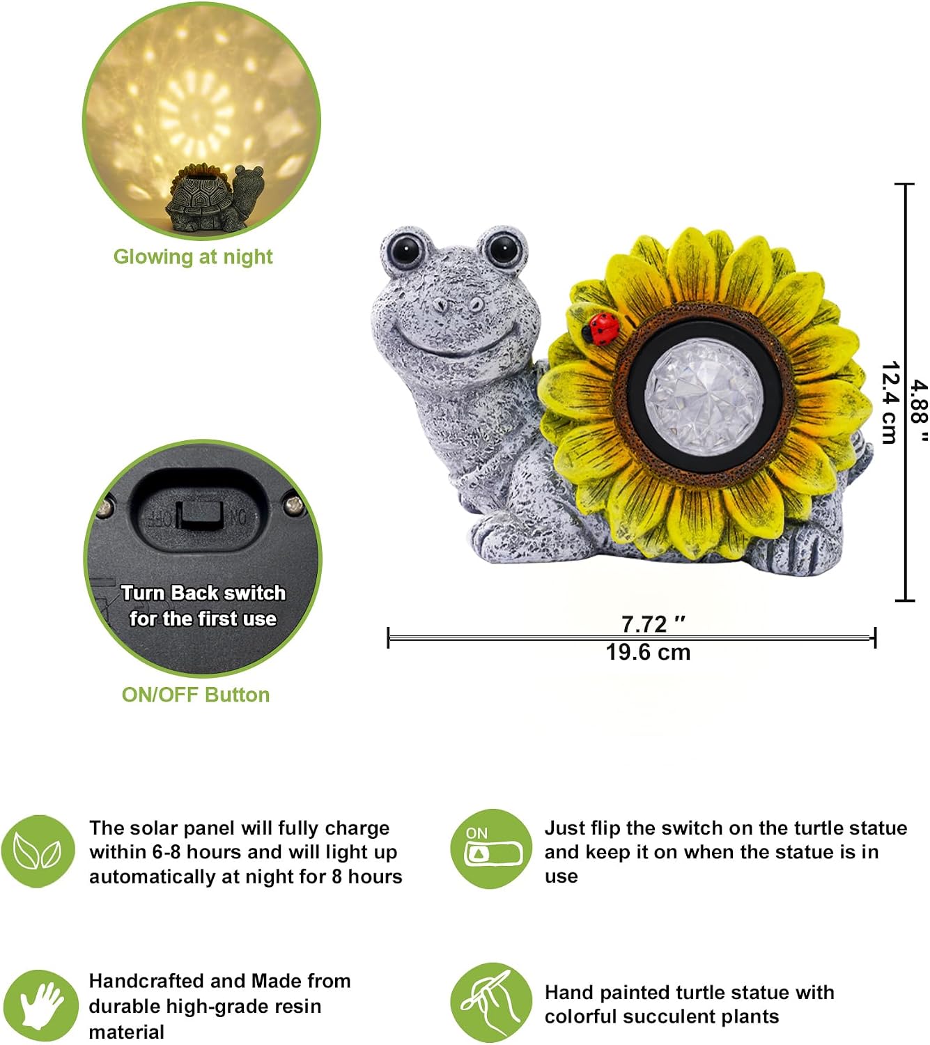 Detalle de Yeomoo Solar Schildkröte Deko Figur mit Sonnenblume & Käfer – wetterfestes Ambiente im Garten & Zuhause