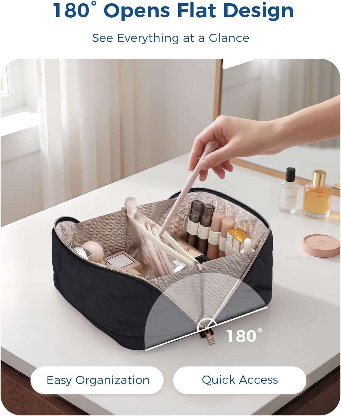 Thumbnail 1 de Travel Makeup Bag Large Quilted Cosmetic Organizer with Brush Compartments & Handle – Black