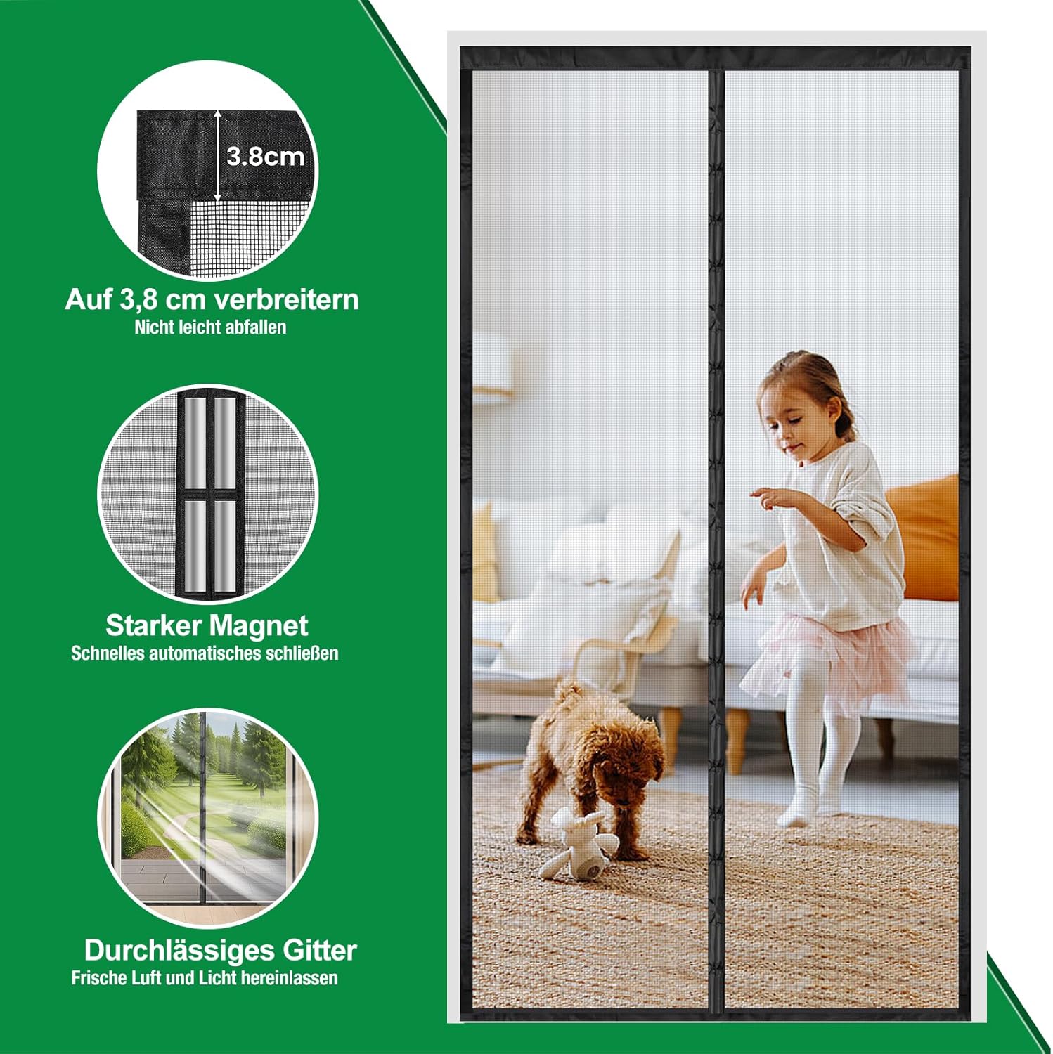 Thumbnail 1 de 4UMOR Fliegengitter Balkontür Magnet 90x190 cm – Insektenschutz ohne Bohren, 3,8 cm Klettband, schwarz