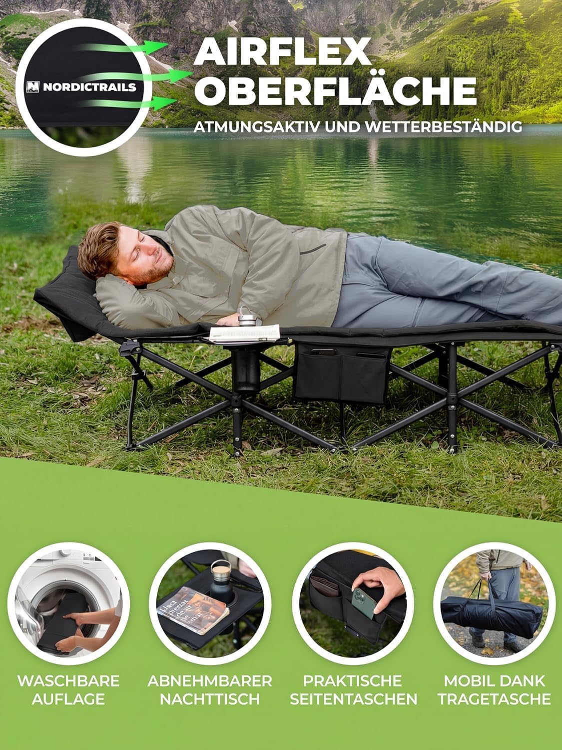 Detalle de NordicTrails Feldbett klappbar in 10 Sekunden aufgebaut – XL Campingbett mit Matratze