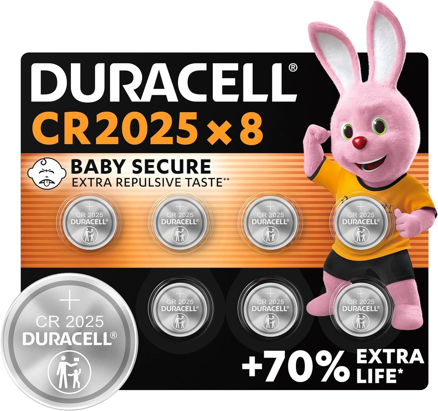 Duracell CR2025 a moneta al litio 3 V – Confezione da 8, Baby Secure, fino al 70% di durata extra