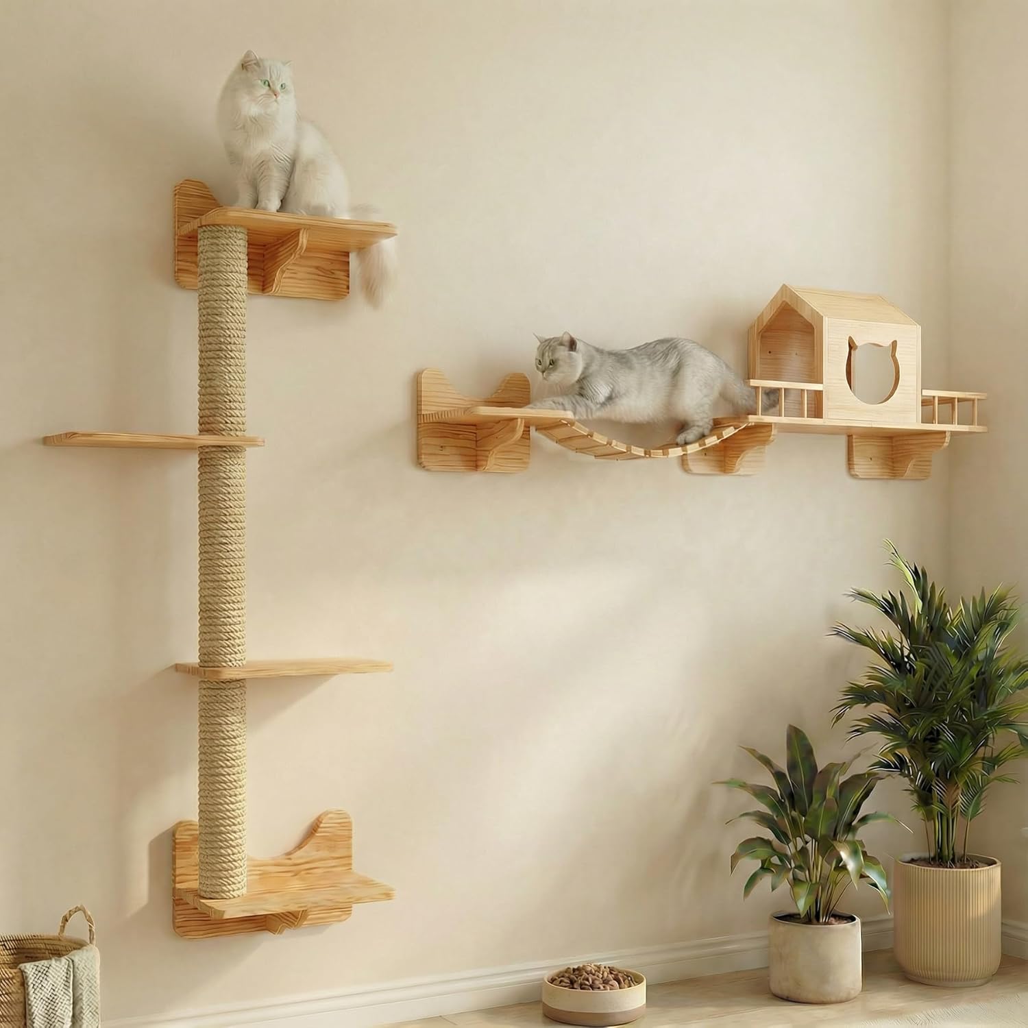 Detalle de Cat Wall Furniture for Indoor Cats: Wooden Climbing Set with House, Bridge, Scratching Posts and Steps