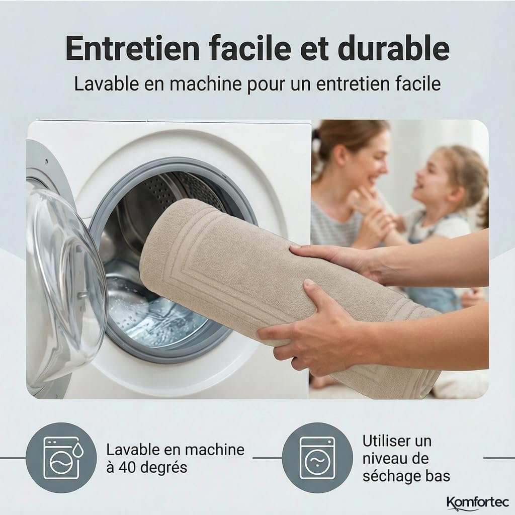 Thumbnail 3 de Komfortec Lot de 2 Tapis de Bain en coton absorbant 600 g/m² — Beige 50 x 70 cm