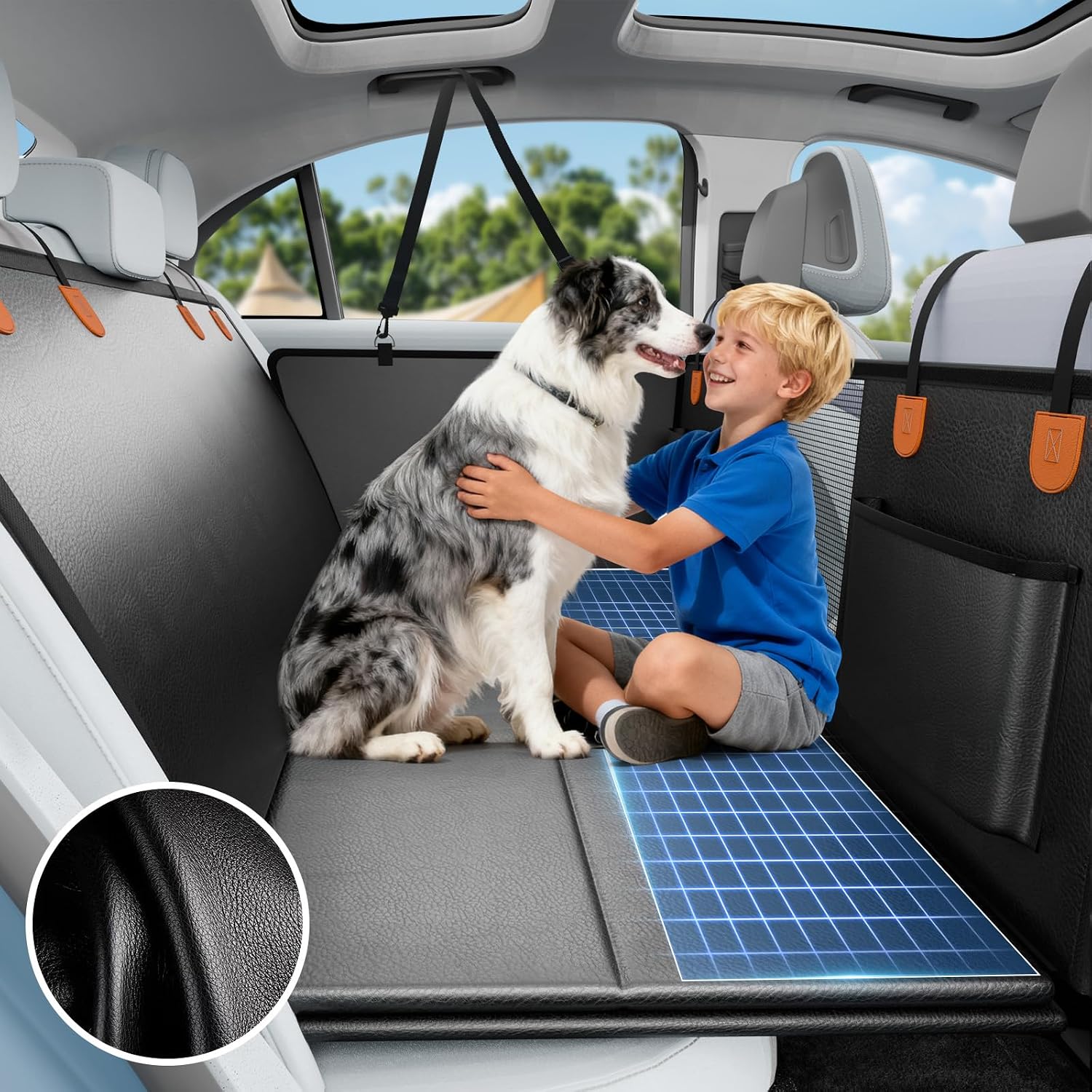 Detalle de Dog Car Seat Cover, 2025 PU Hard Bottom Hammock for Car – Heavy-Duty Back Seat Extender for Pets