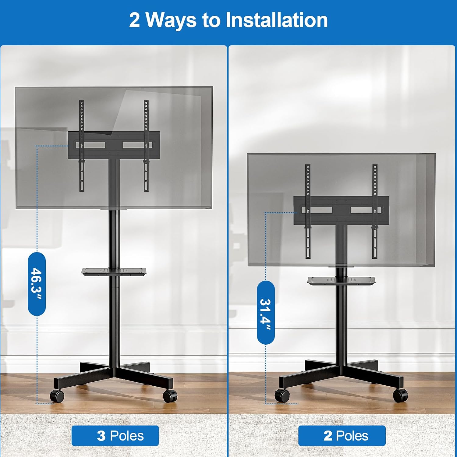 Detalle de HOLMAXD Mobile TV Stand Rolling Cart for 23–65-Inch TVs, 110 lb Capacity