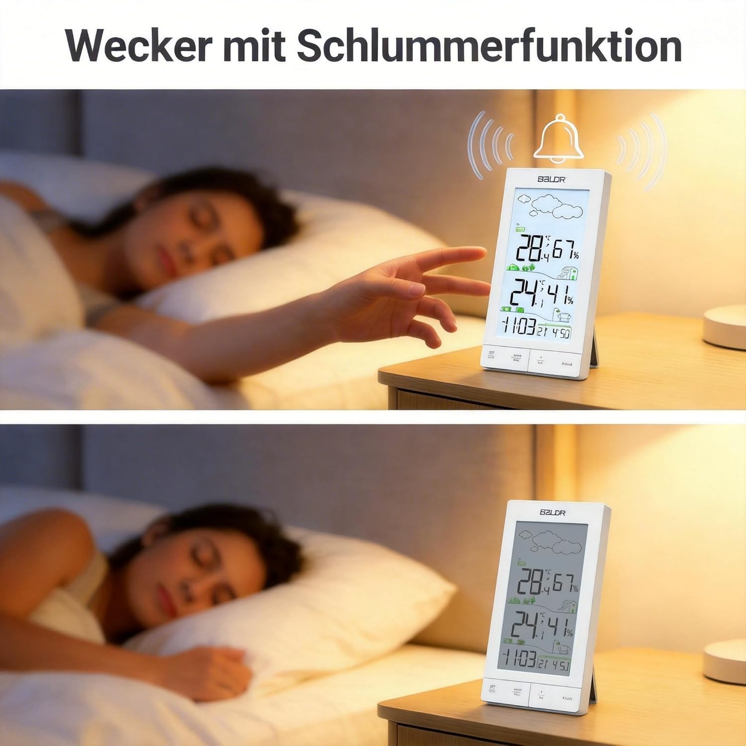 Thumbnail 5 de Konsen Wetterstation Funk für Innen/Außen mit Außensensor (DCF) – Thermometer/Hygrometer mit Beleuchtung & Wettervorhersage in Weiß
