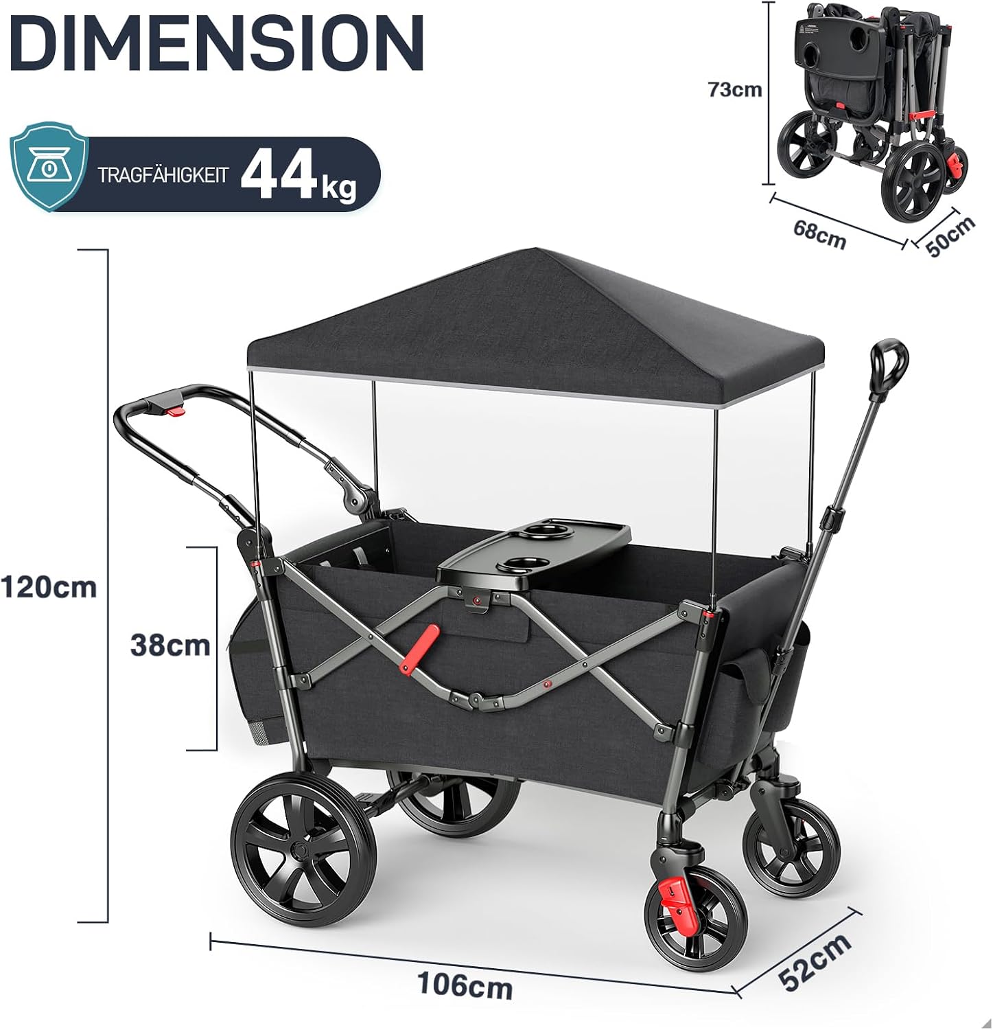 Detalle 2 de EVER ADVANCED Bollerwagen für 2 Kinder faltbar mit Dach, 5-Punkt-Sicherheitsgurt und Wickelrucksack