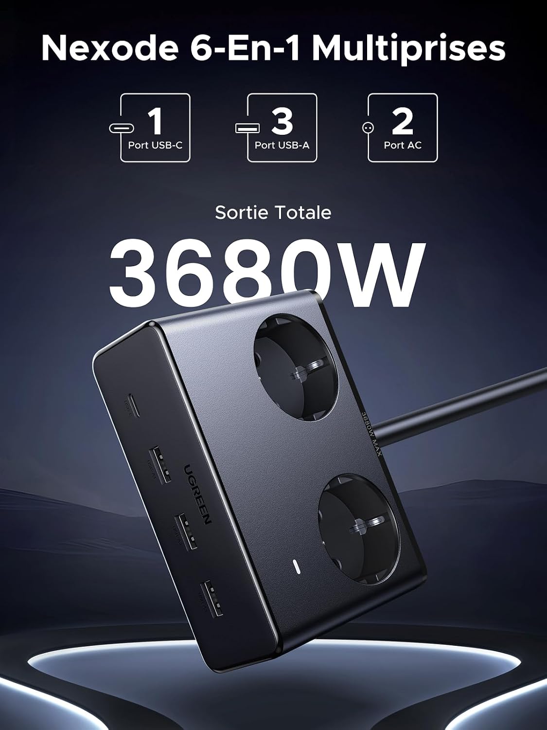 Detalle de UGREEN 45035 6-in-1 stekkerdoos, 3680 W, 2 stopcontacten en 4 USB-poorten