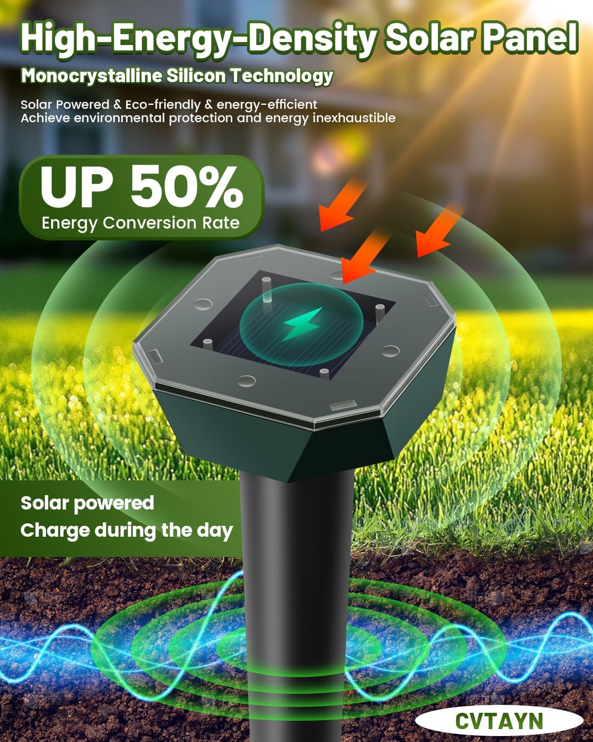 Detalle de Cvtayn Solar-Powered Ultrasonic Pest Repellent Stakes, IP65, 4-Pack