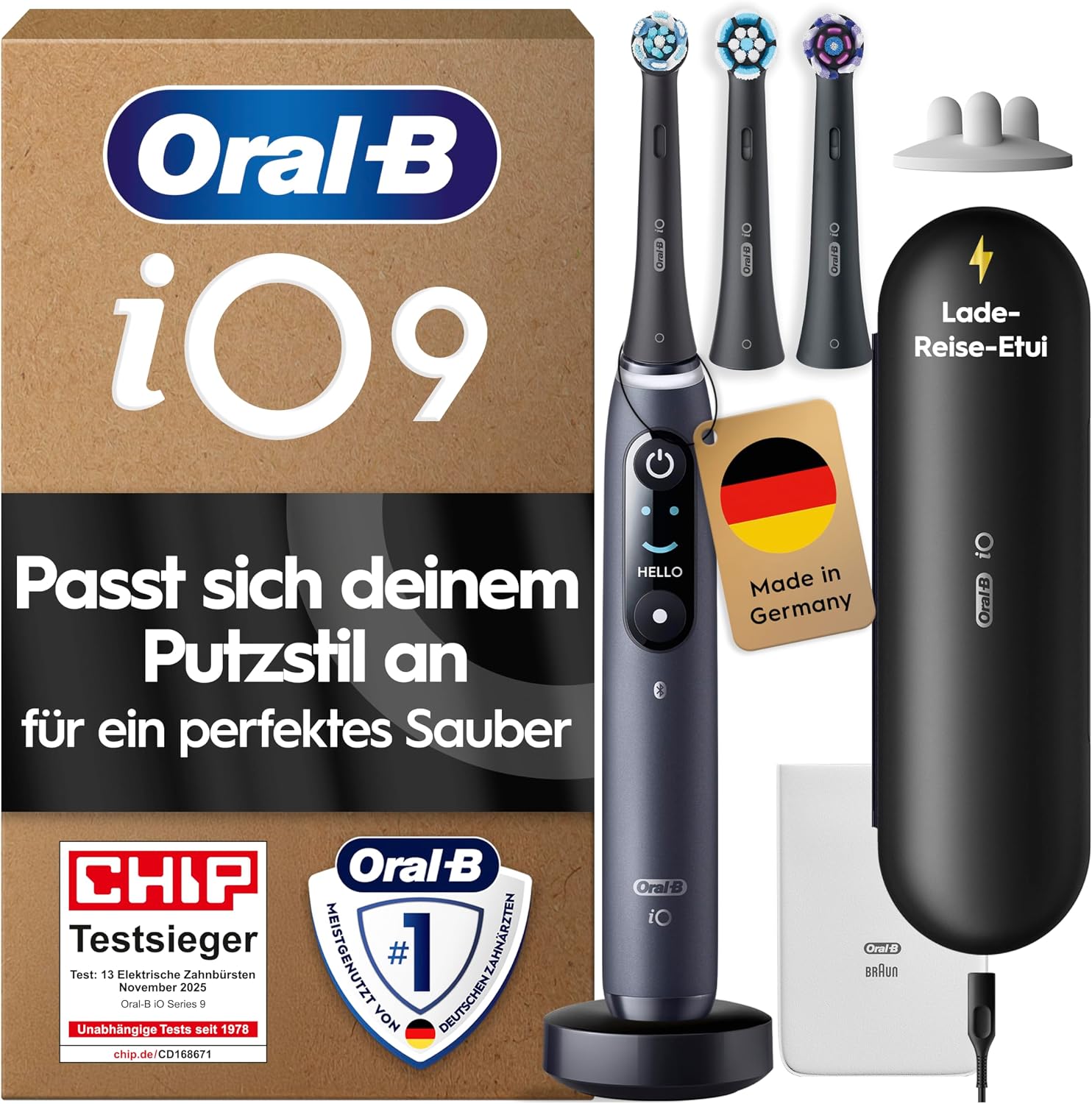 Detalle de Oral‑B iO Series 9 elektrische Zahnbürste mit 3 Aufsteckbürsten
