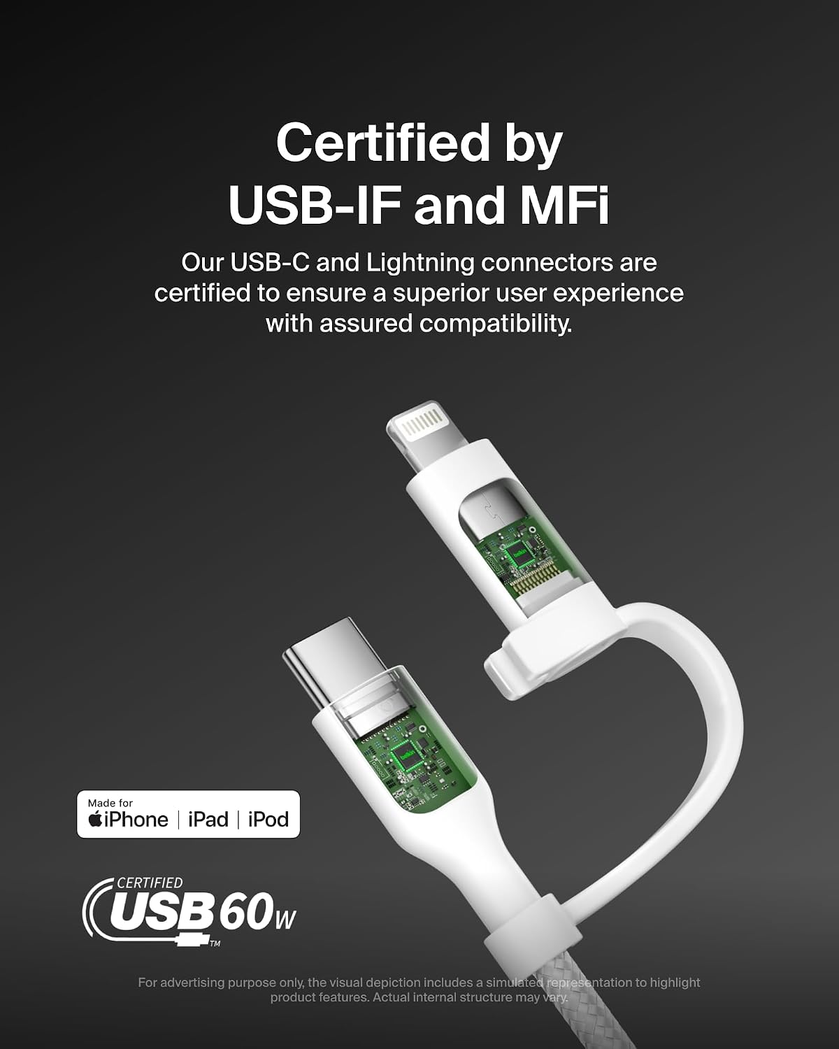 Detalle de Belkin 2-in-1 USB-C & Lightning Braided Fast-Charging Cable (White)