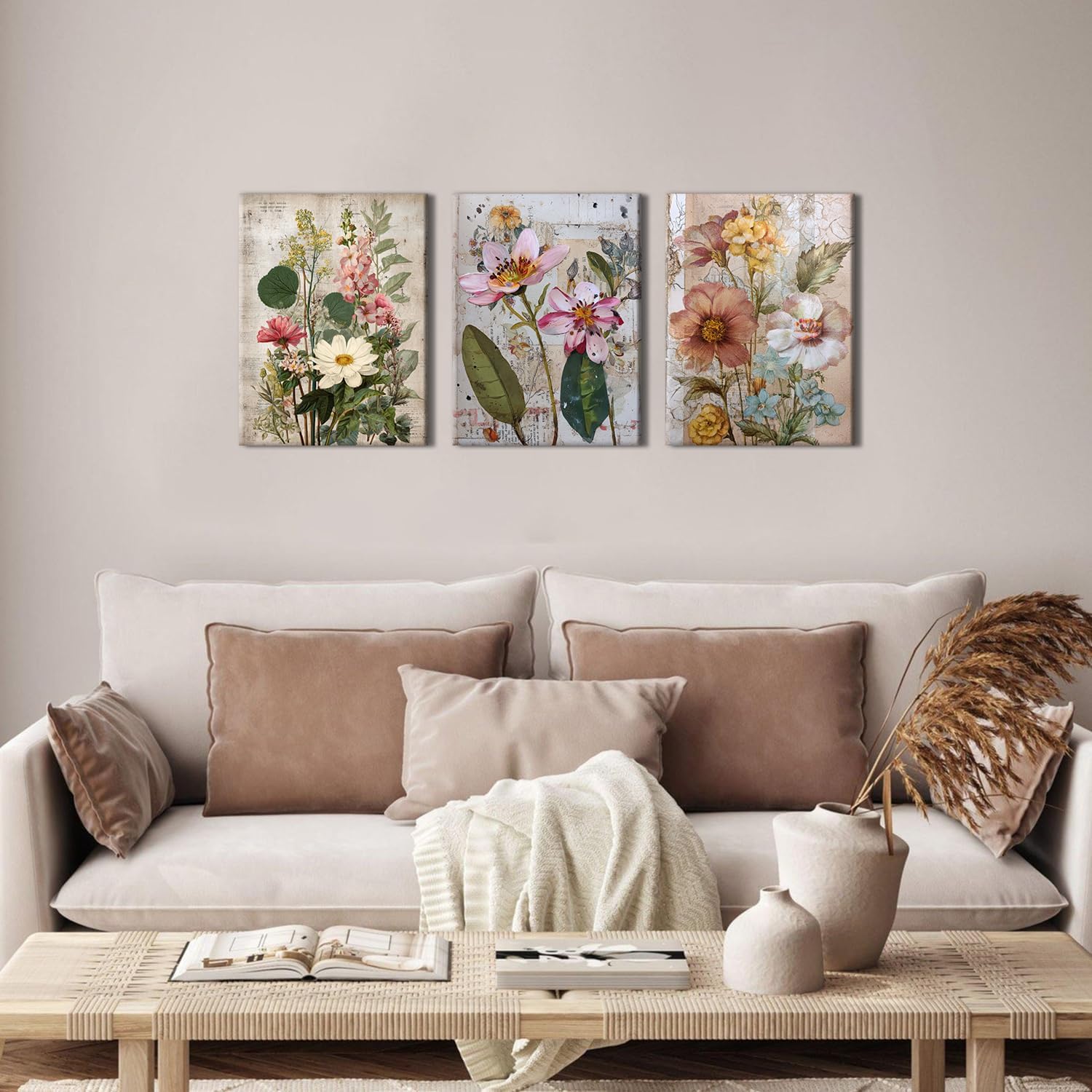 Thumbnail 3 de 3 Panel Botanical Prints Wall Art – Colourful Floral Canvas Panels