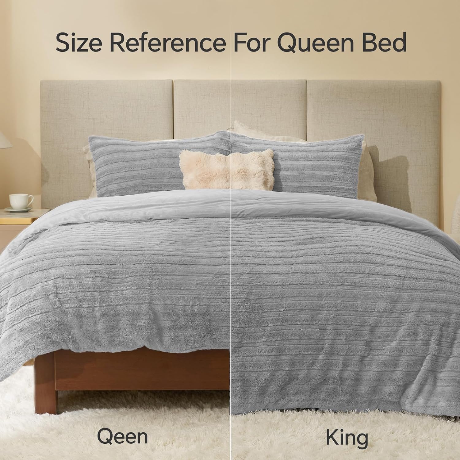 Detalle 2 de BEDELITE Faux Fur King Comforter Set, Light Gray Striped Plush Design