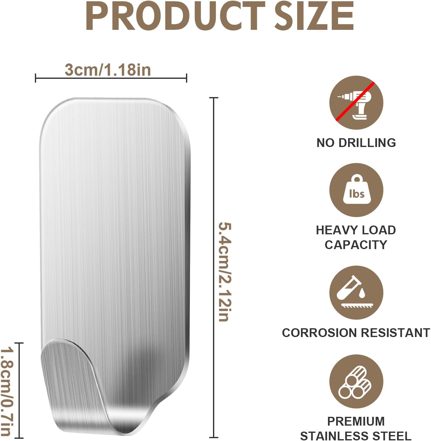 Thumbnail 5 de MACOLE Small Self Adhesive Hooks — 8 pack, 304 stainless steel, no-drill 3kg load