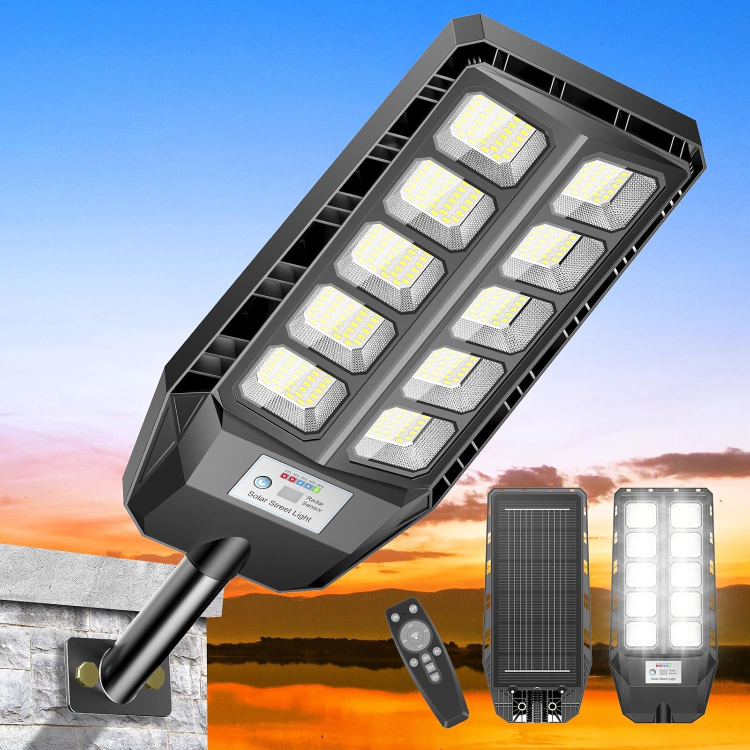 Detalle de Adewalk Lampione Solare LED da Esterno con Telecomando: 330 LED, 7000 mAh, IP66, 3 Modalità, Sensor di Movimento