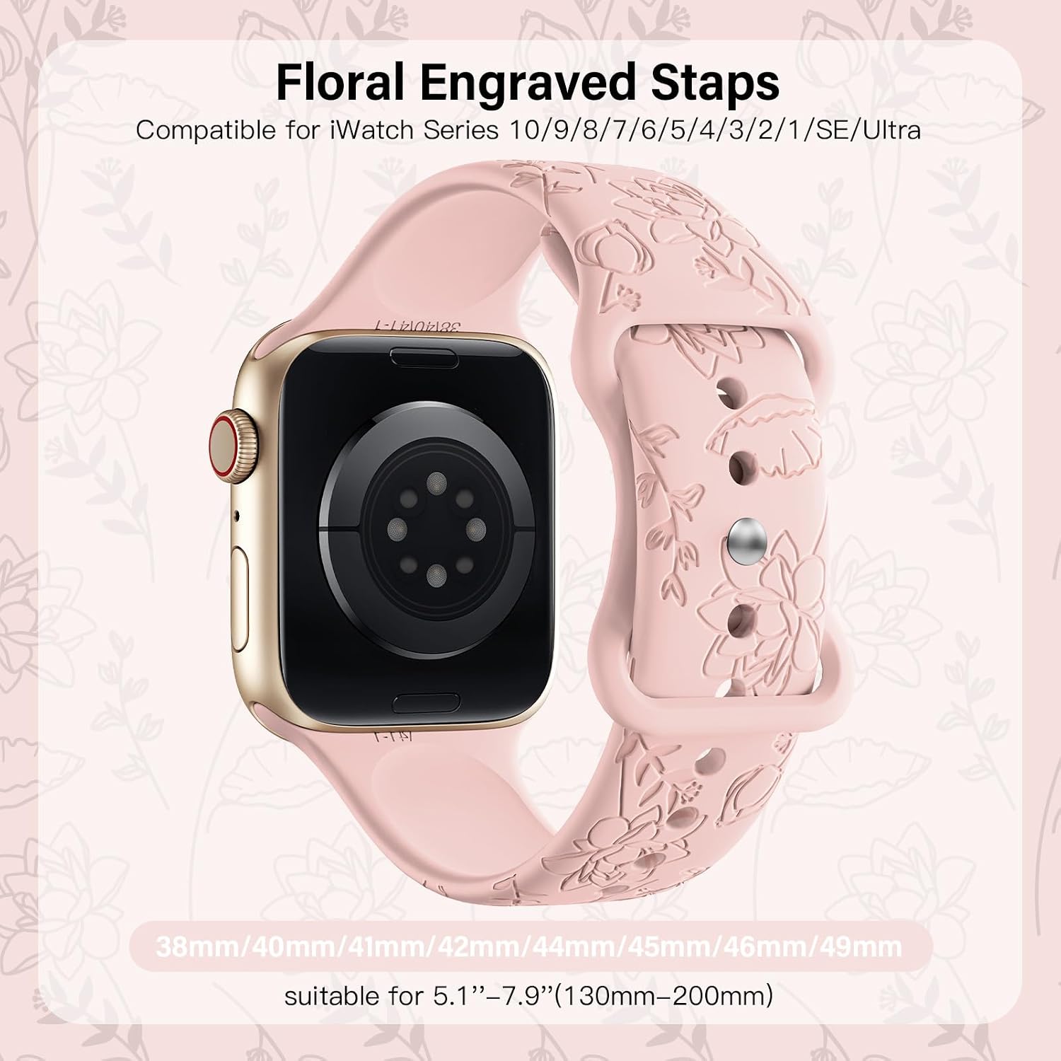 Thumbnail 1 de Yoohoo Floral Engraved Soft Silicone Strap for Apple Watch (38mm–49mm) – Pink