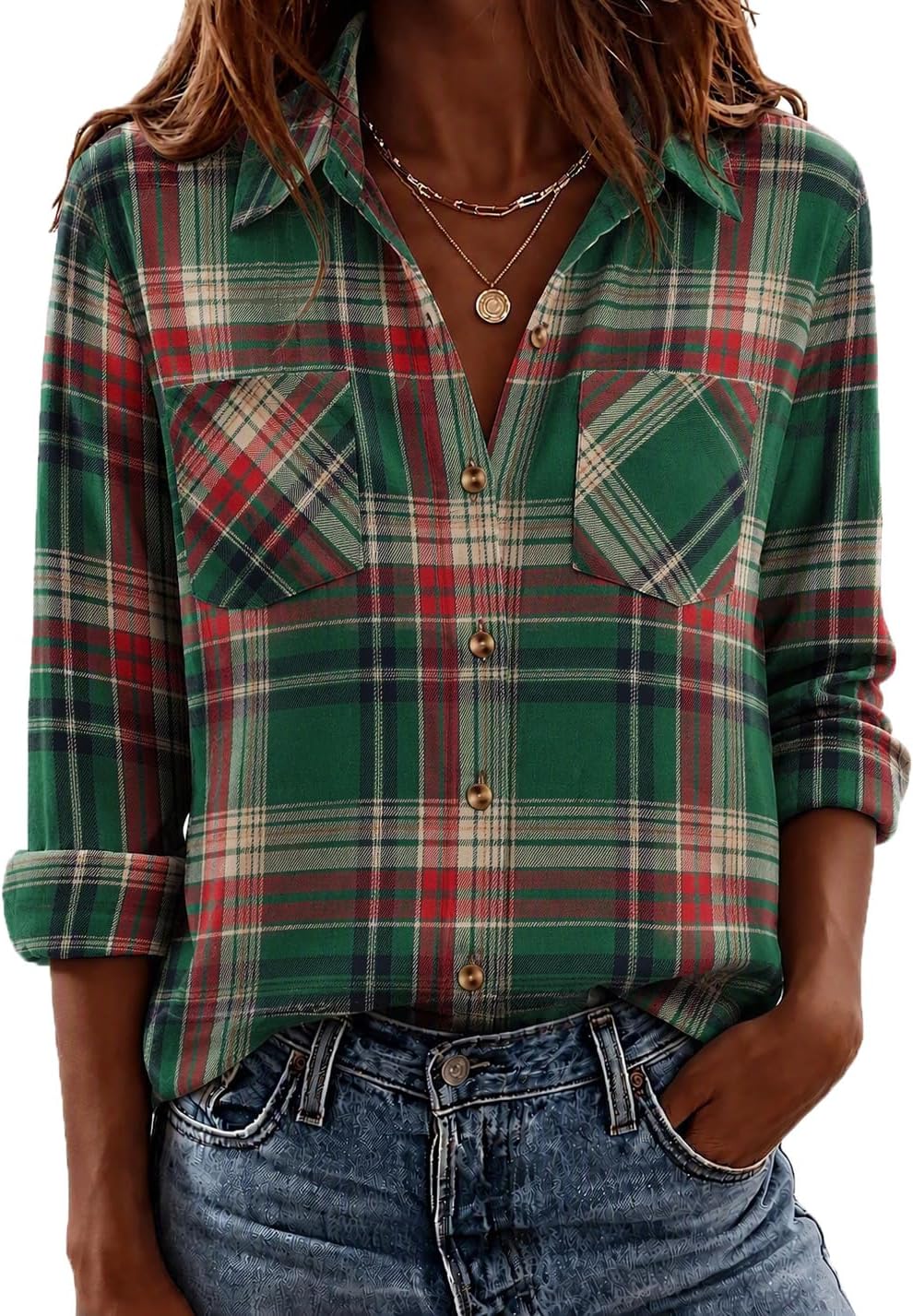 Detalle de Zeagoo Women's Plaid Shirt, Polyester-Cotton Blend