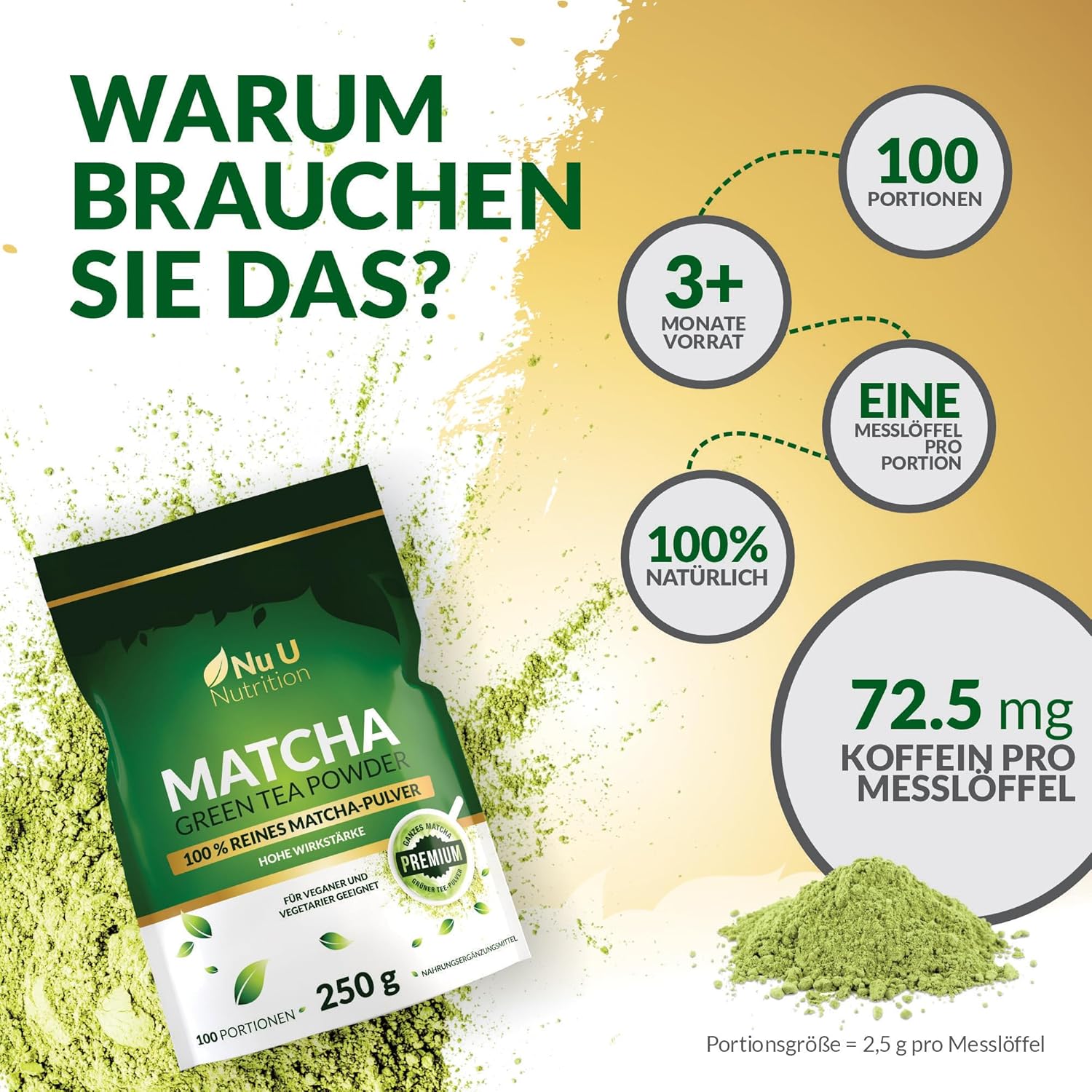 Detalle de Matcha Grüntee Pulver 250 g – Nu U Nutrition, 100 Portionen, Premium Lebensmittelqualität
