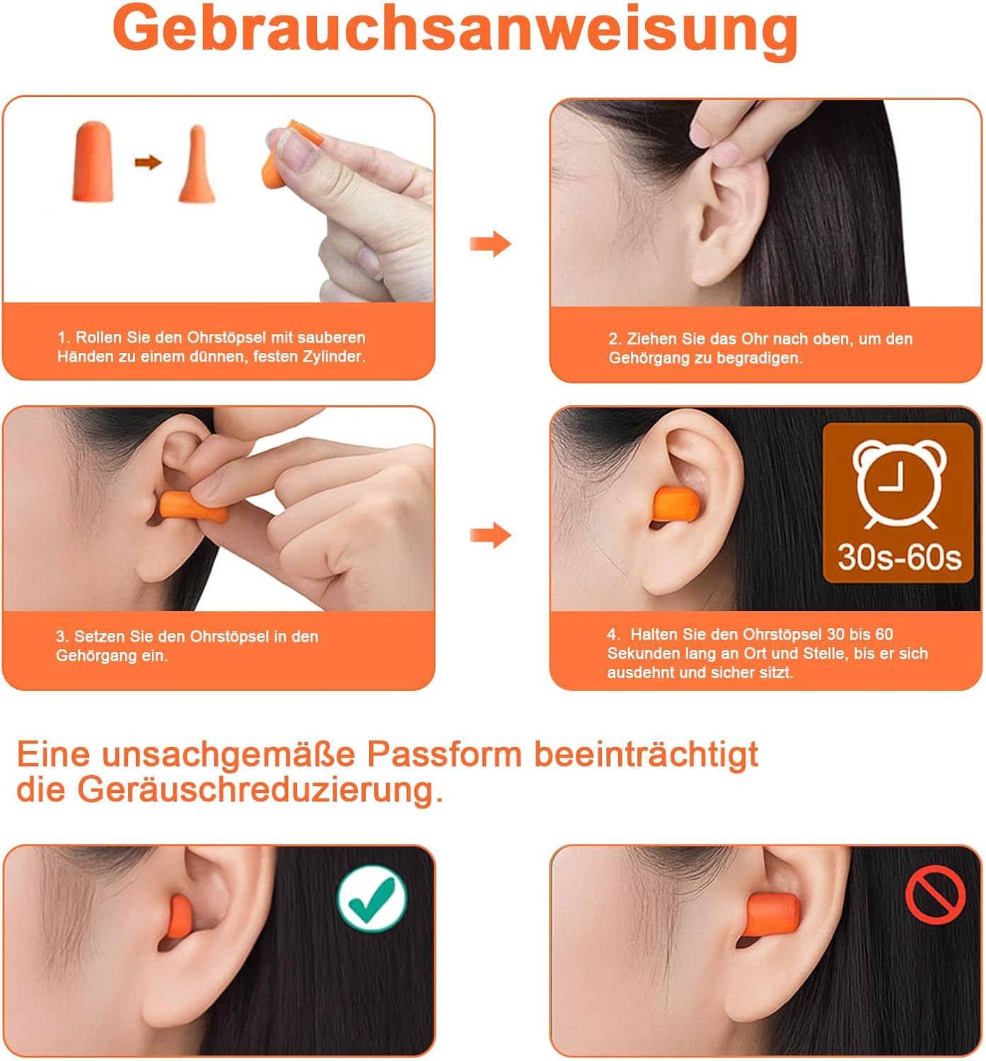 Detalle 2 de SURFOU Ohrstöpsel zum Schlafen (60 Paare) mit Geräuschreduzierung bis 38 dB, wiederverwendbar & für Seitenschläfer, Orange