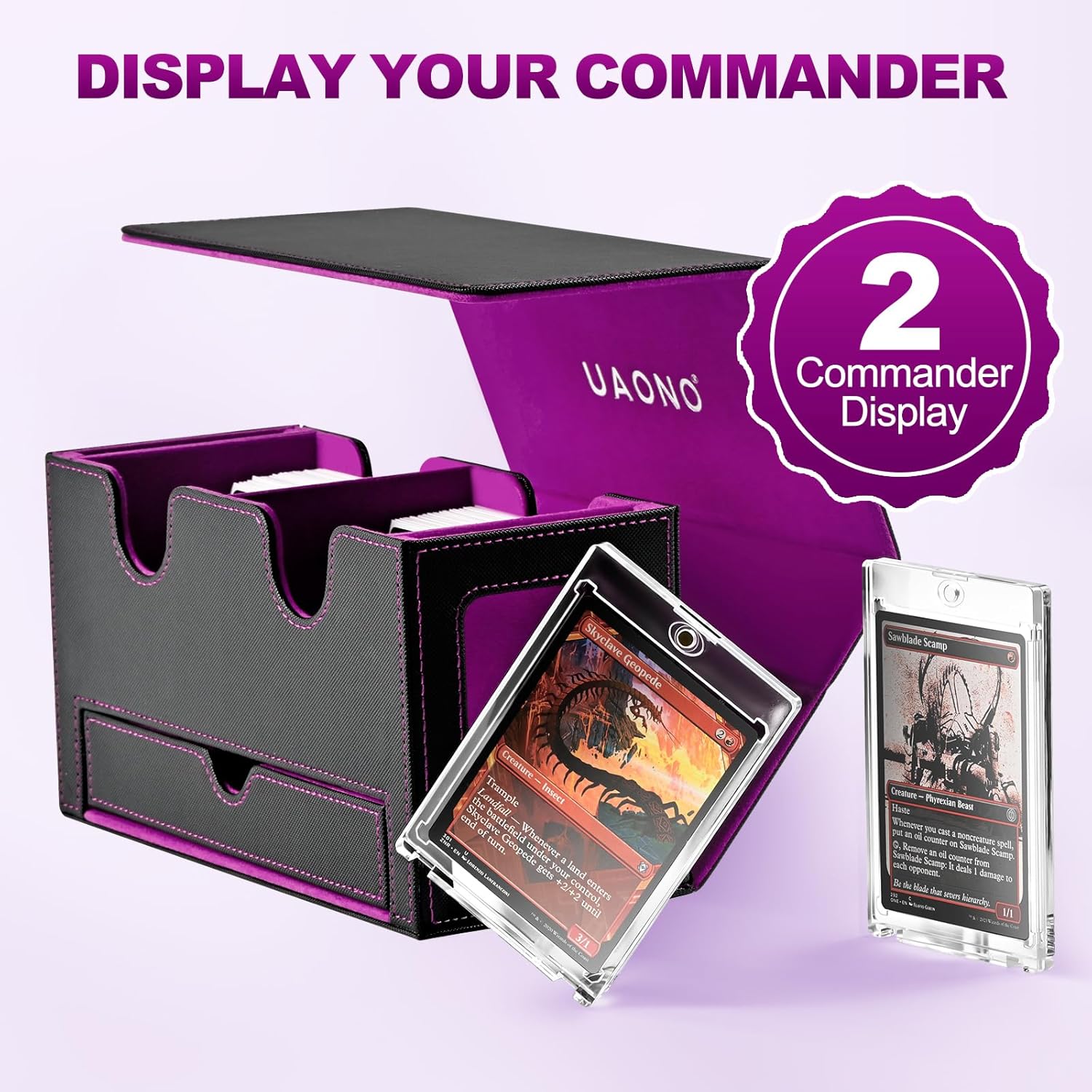 Detalle de UAONO MTG Deck Box with 2 Commander Display and Dice Tray – Double Deck Box for 250+ Sleeved Cards (Black & Purple)