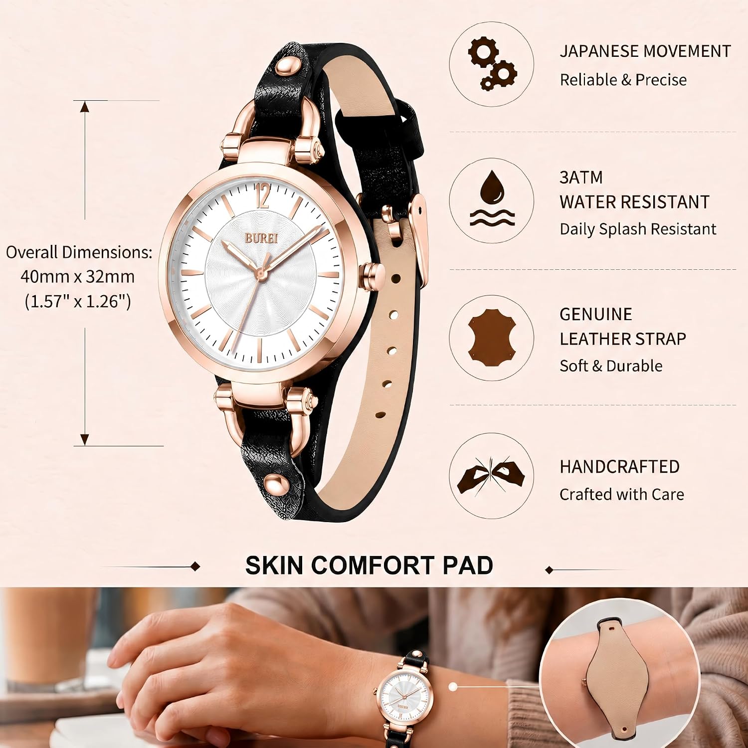 Detalle de BUREI Montre bracelet en cuir pour femme – Élégante montre analogique quartz, bracelet 8 mm