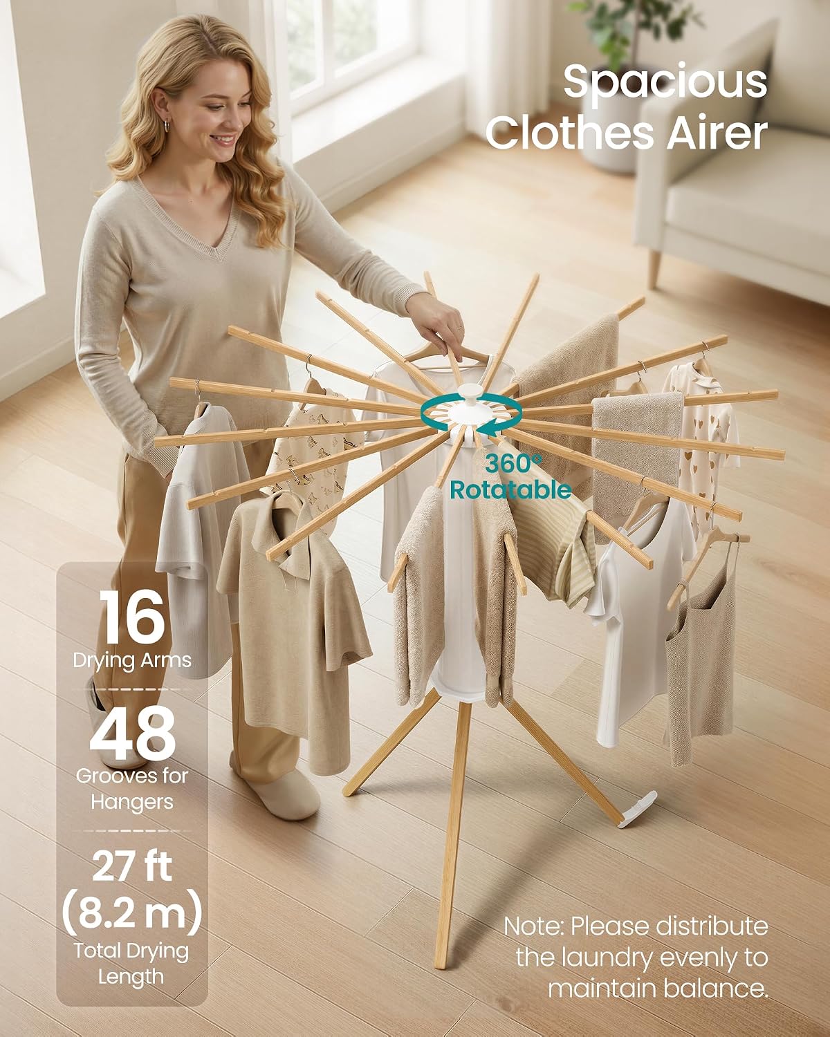 Detalle de SONGMICS ULLR530YW01 Foldable Clothes Drying Rack with 16 Rotating Beech Wood Arms