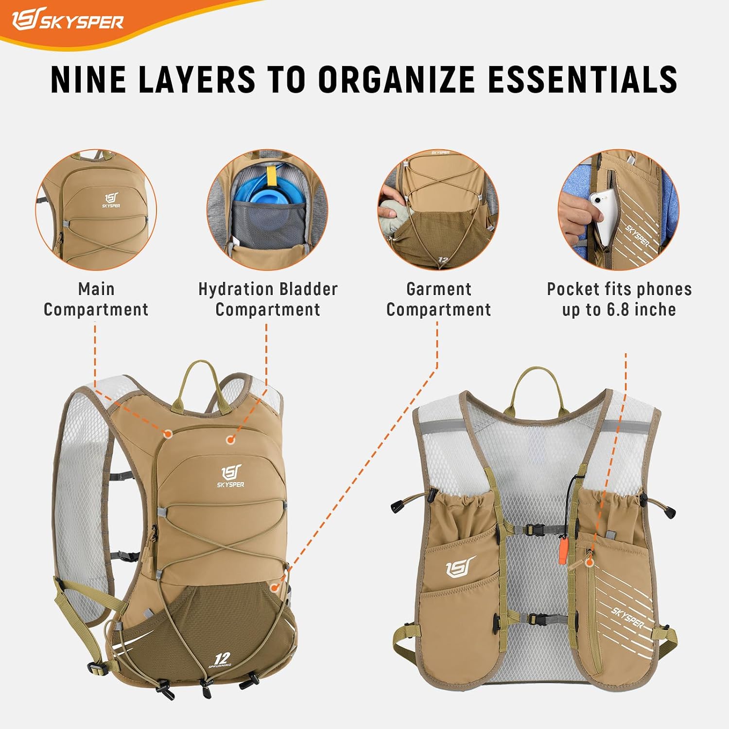 Detalle de SKYSPER Zaino Idratazione 12L: Gilet Trail con 2 Borracce 500ml, 9 Scomparti e Peso 230g