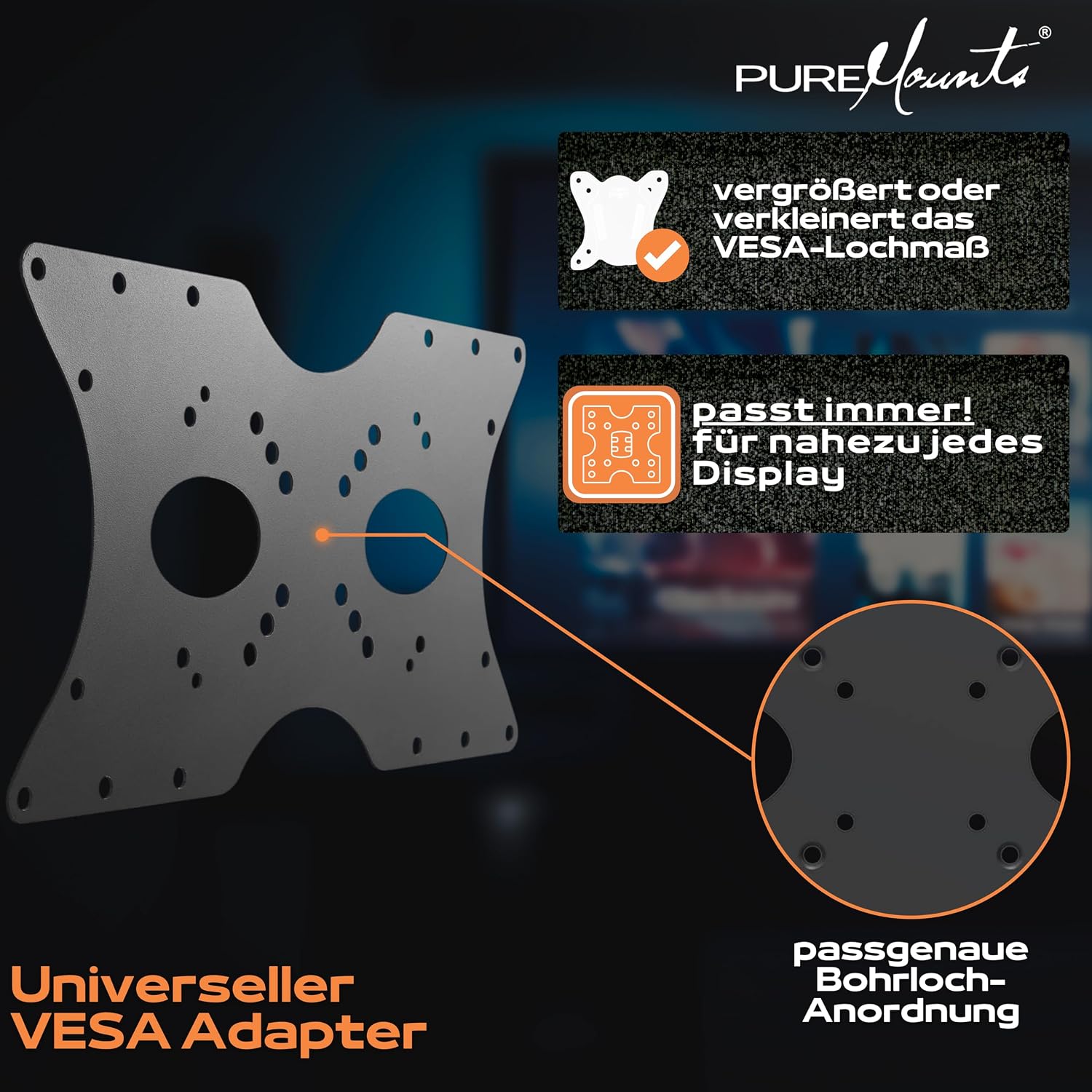 Detalle de PureMounts Adaptateur Vesa — Plaque d’adaptation universelle 50x50 à 400x200 mm (Noir)