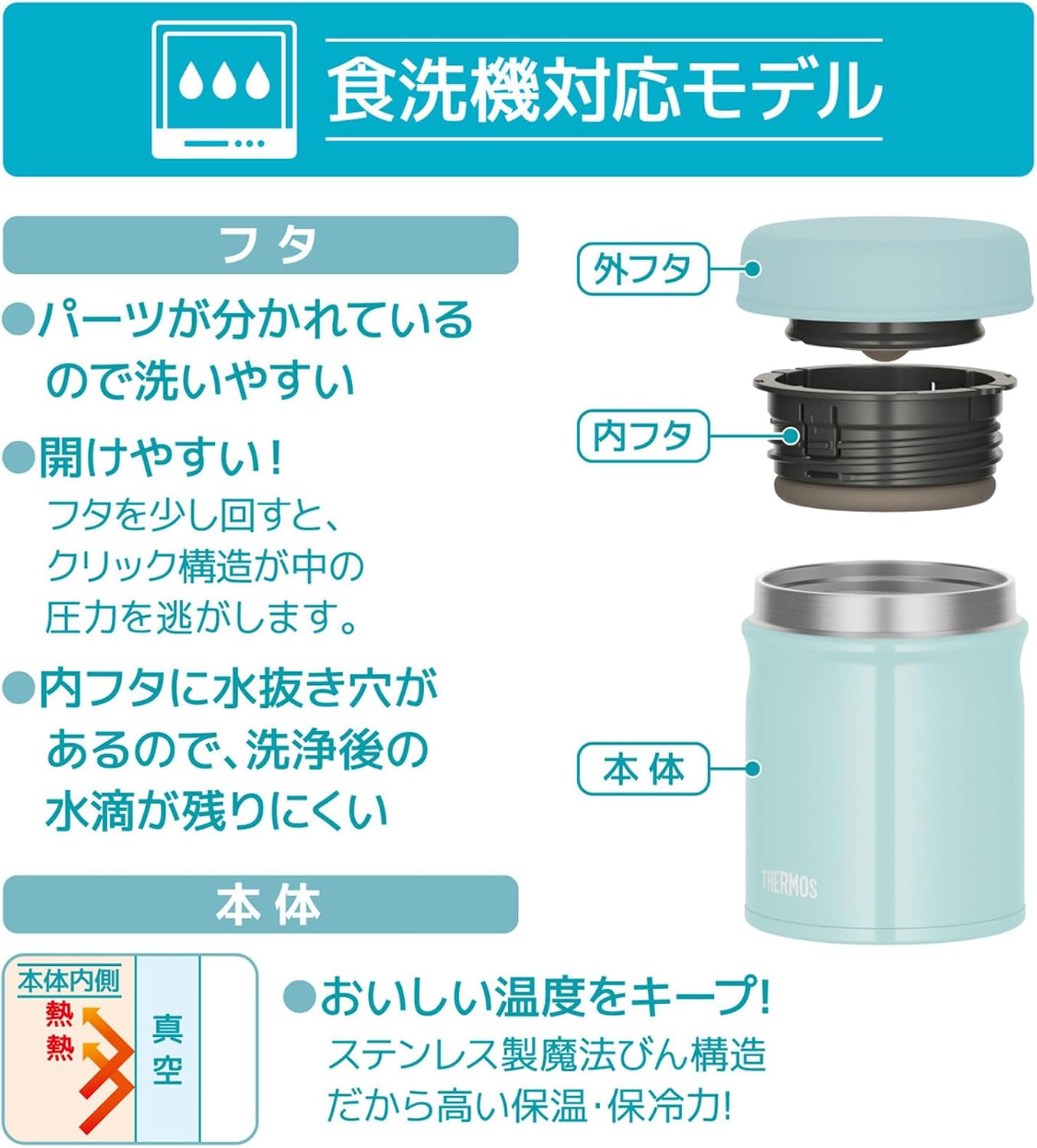 Detalle 1 de サーモス JEB-300 LB 真空断熱スープジャー 300ml ライトブルー・食洗機対応