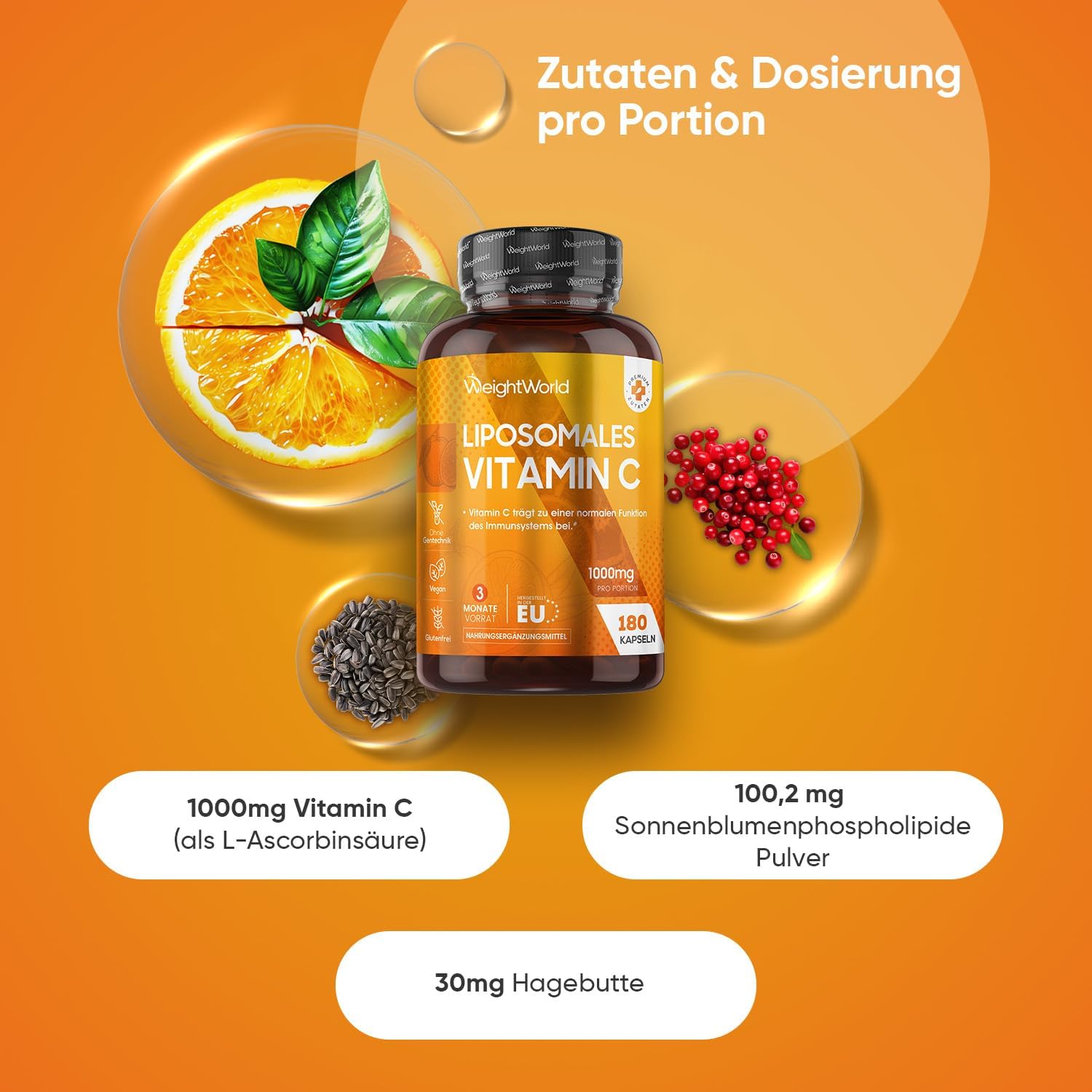 Thumbnail 1 de WeightWorld Liposomales Vitamin C 1000 mg (180 vegane Kapseln) mit Sonnenblumenphospholipiden & Hagebutte