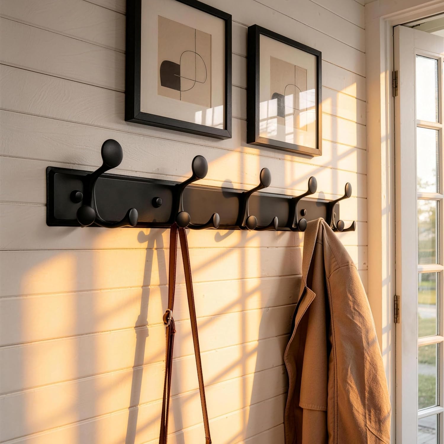 Detalle de SKOLOO 30-Inch Wall-Mounted Coat Rack, 15 Hooks, Matte Black, Pack of 2