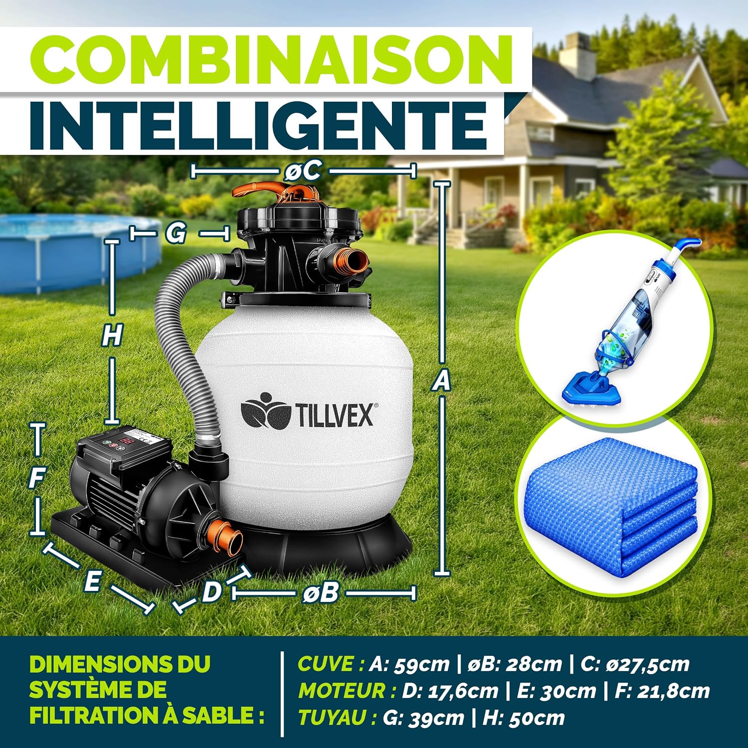 Detalle de Système de filtration à sable tillvex® 7.900 L/h avec vanne 7 fonctions, indicateur de pression et boules filtrantes