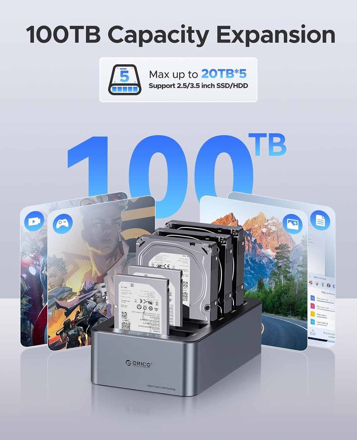 Detalle de ORICO Aluminium Clone HDD Docking Station, 5 Bay – USB 3.2 Gen 1, bis zu 5 x 20 TB, Offline-Klonen