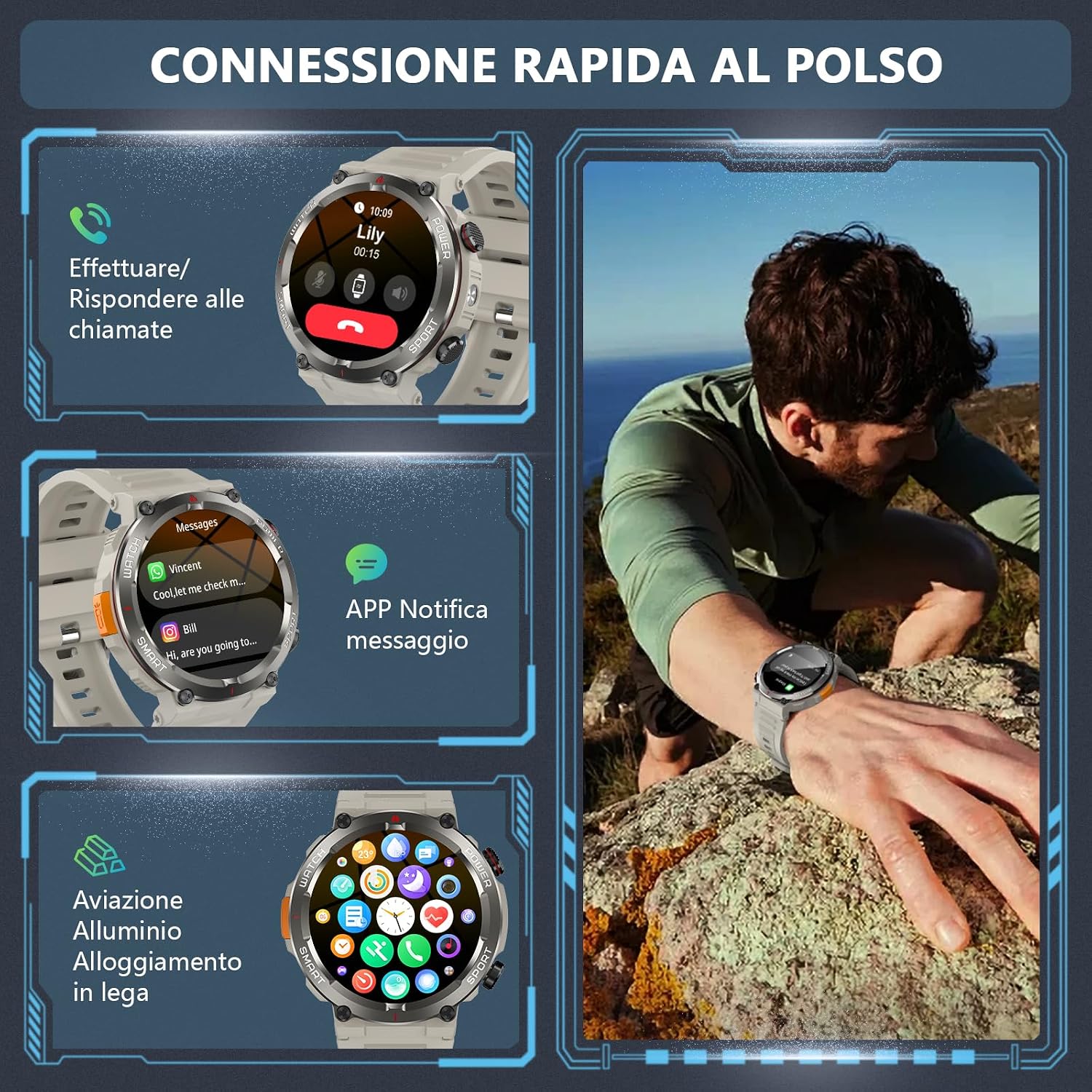 Detalle 2 de Baolubao Smartwatch Uomo con Torcia e Bussola – 1.45", 120+ modalità sportive, 2 cinturini, IP68, Chiamate/Bluetooth e AI Assistente